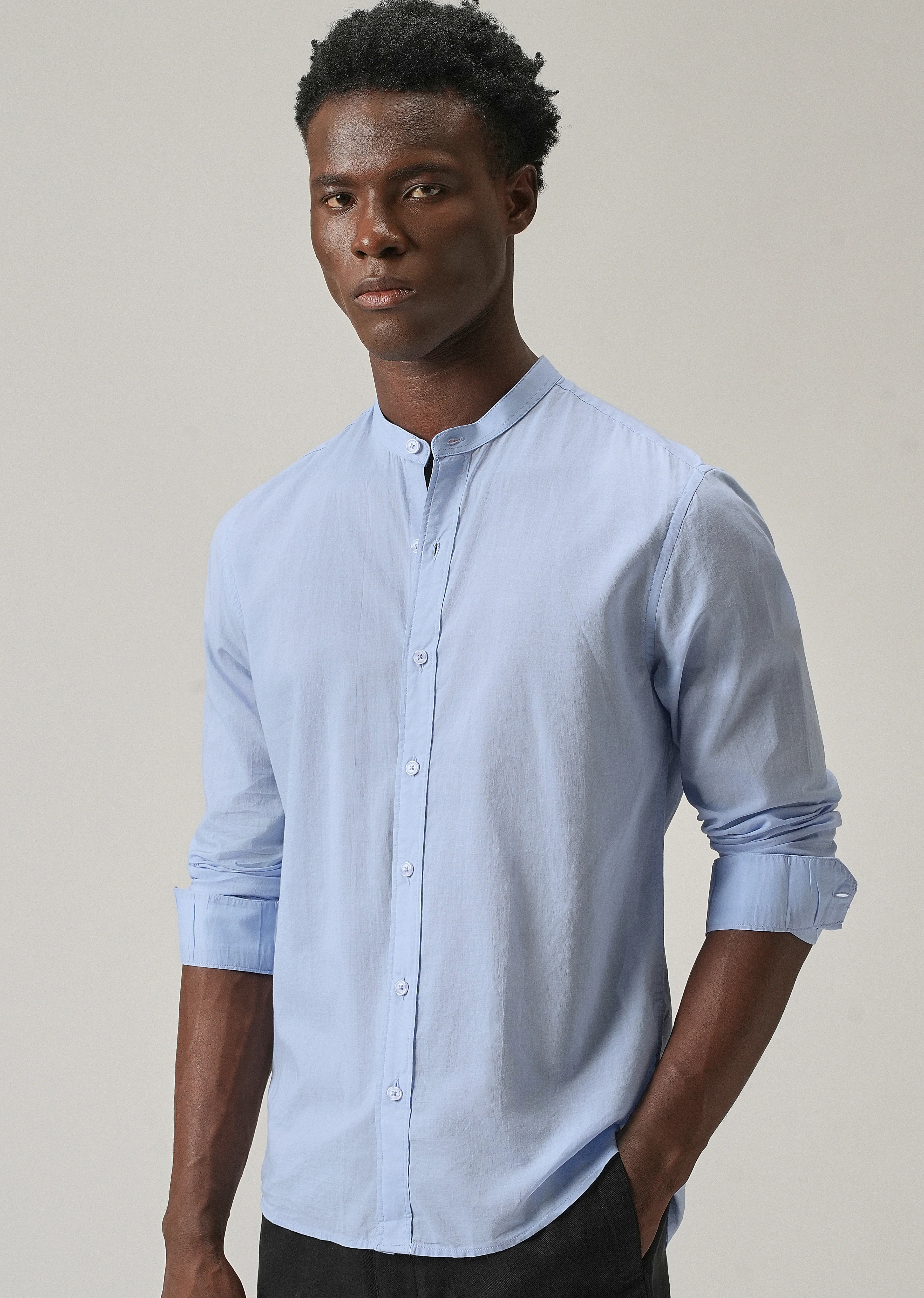 Pastel Blue Plain Cotton Shirt - Image 7