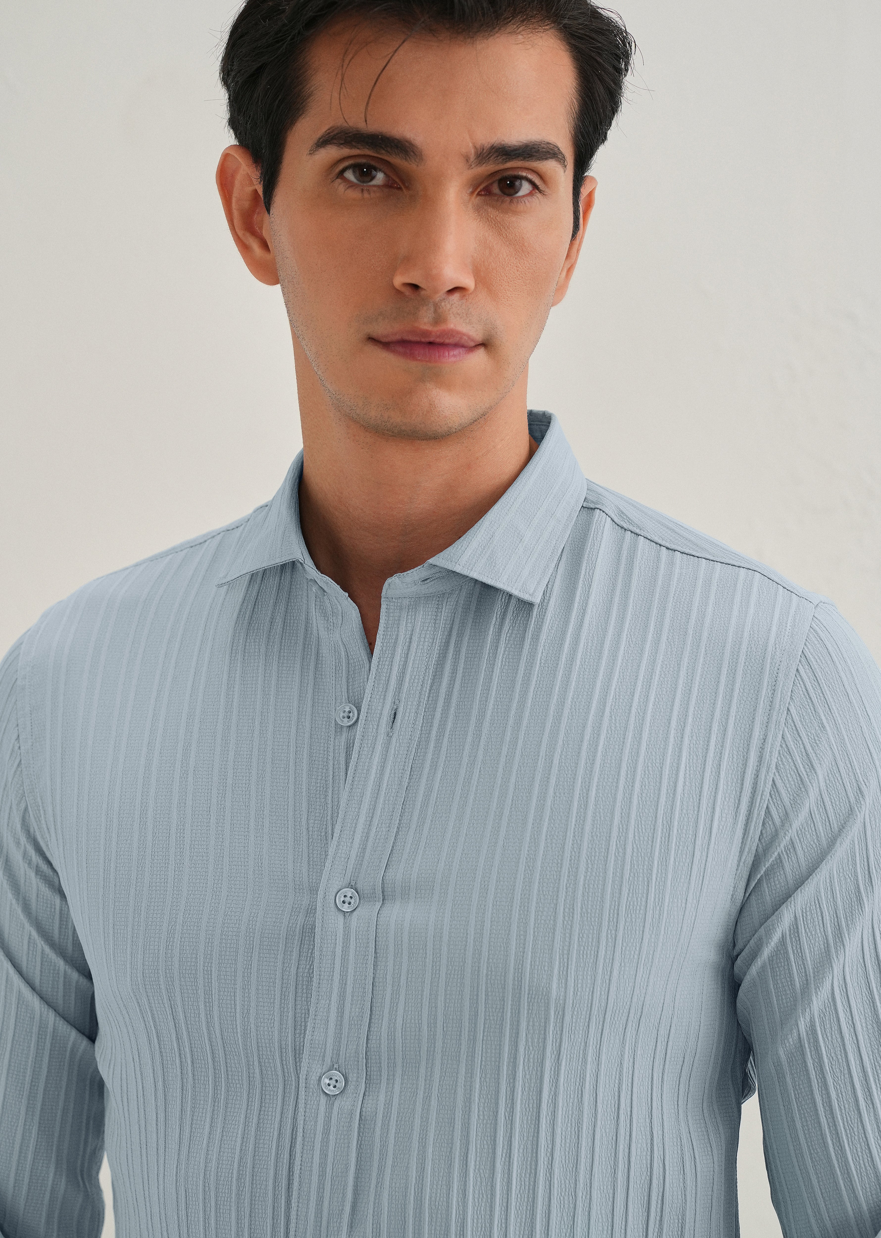 Pastel Blue Plain Self Striped Shirt - Image 2