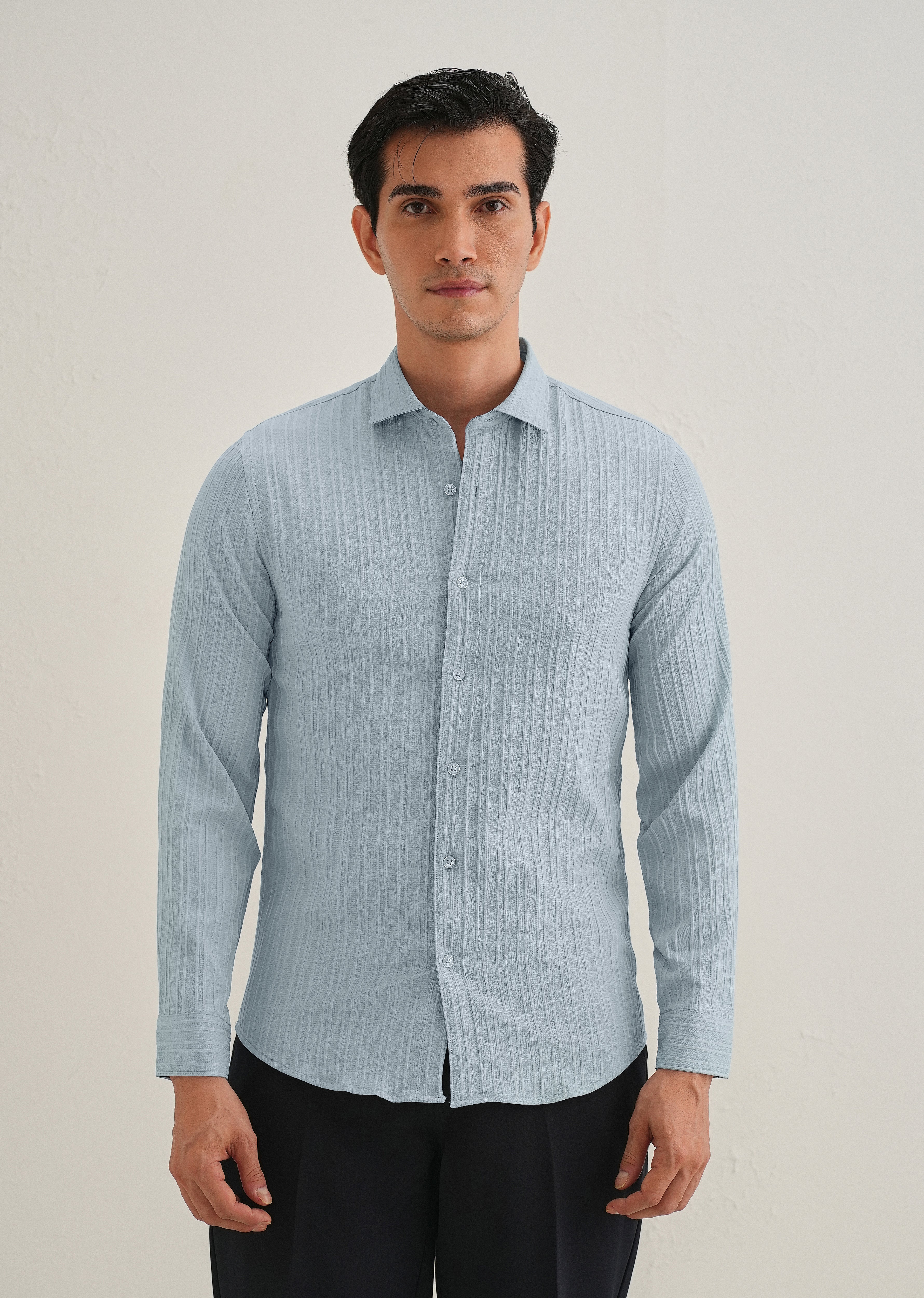 Pastel Blue Plain Self Striped Shirt - Image 3