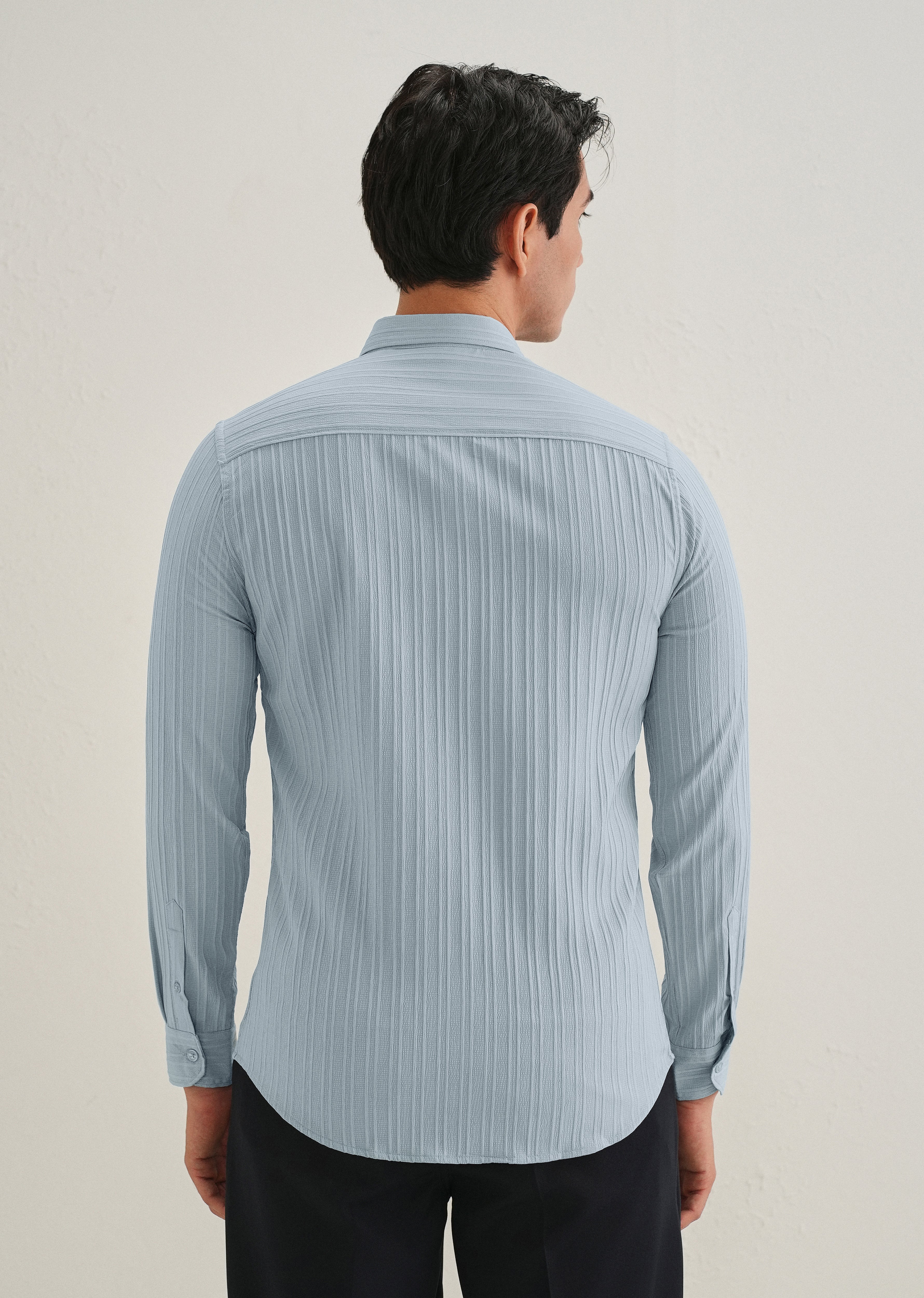 Pastel Blue Plain Self Striped Shirt - Image 4