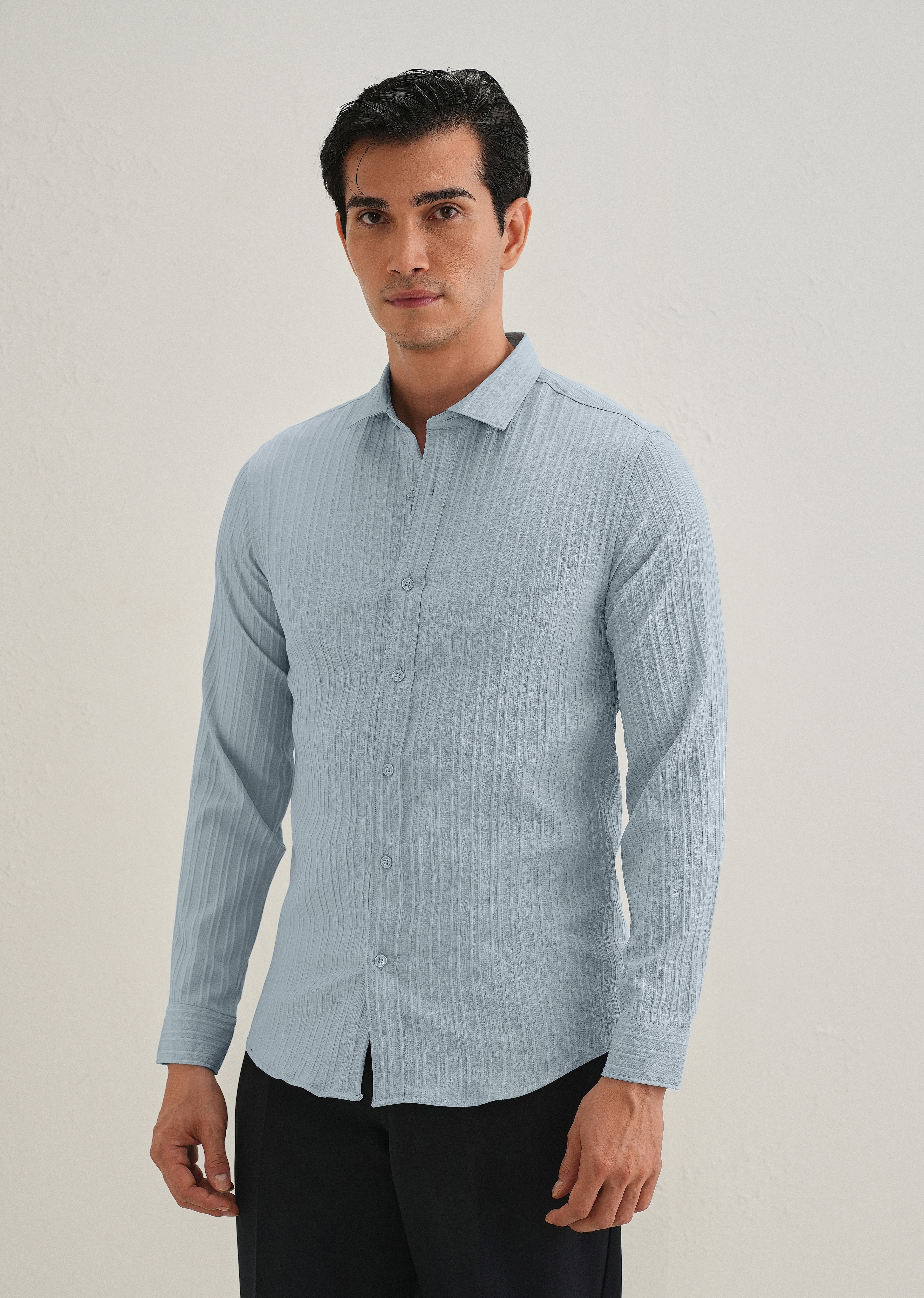 Pastel Blue Plain Self Striped Shirt - Image 5