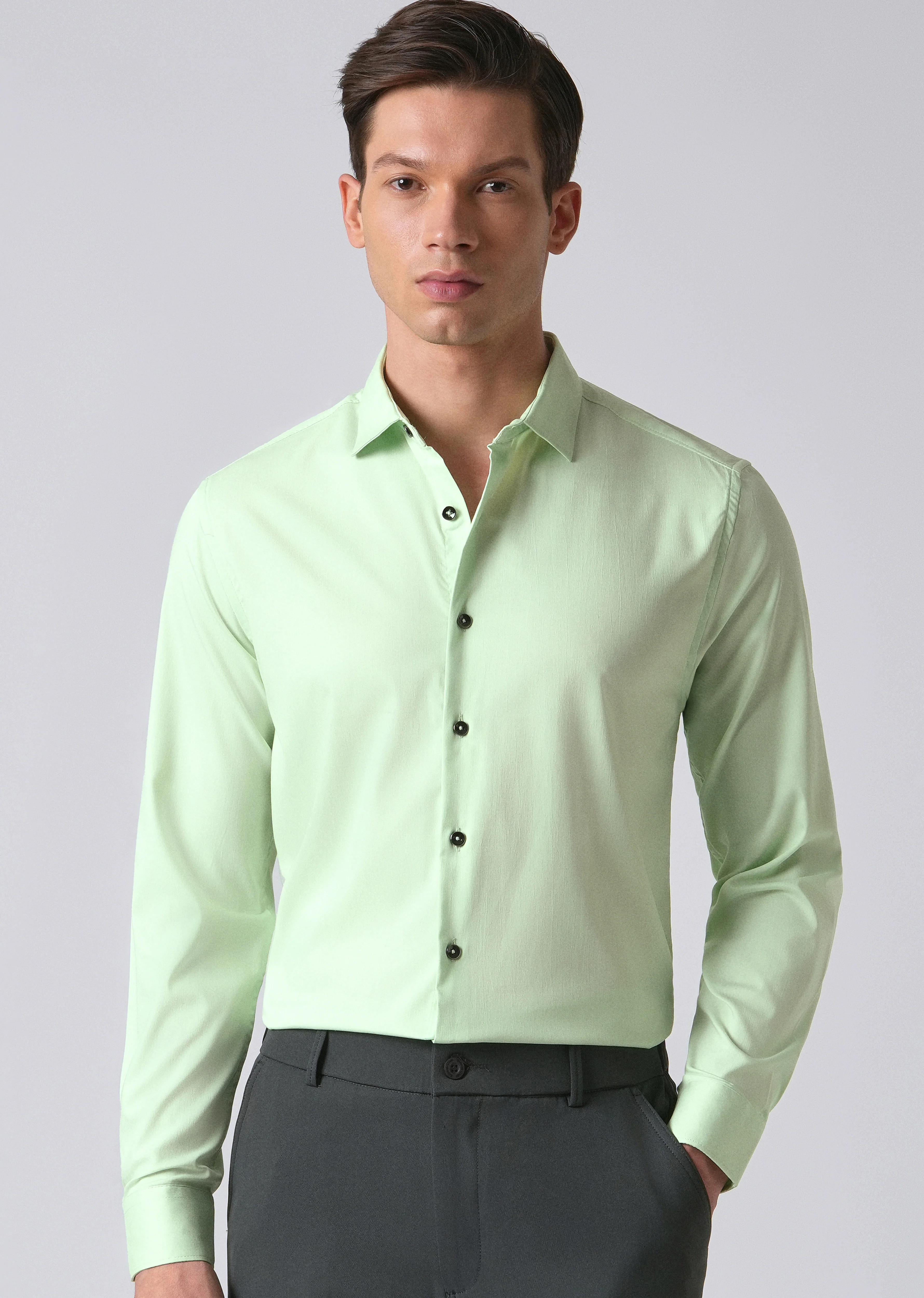Pastel Green Cotton Stretch Plain Shirt - Image 7