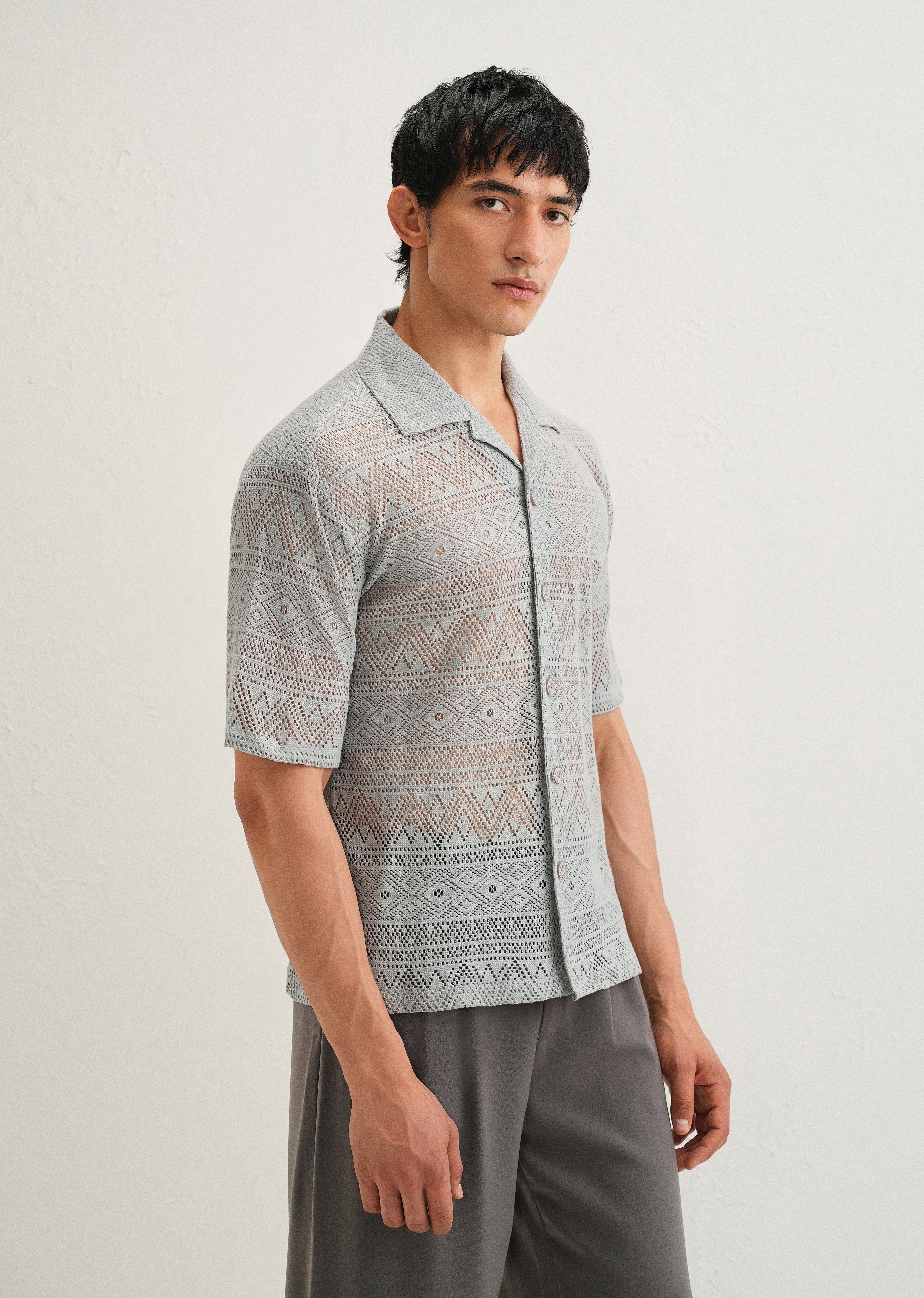 Pastel Grey Crochet Shirt - Image 3