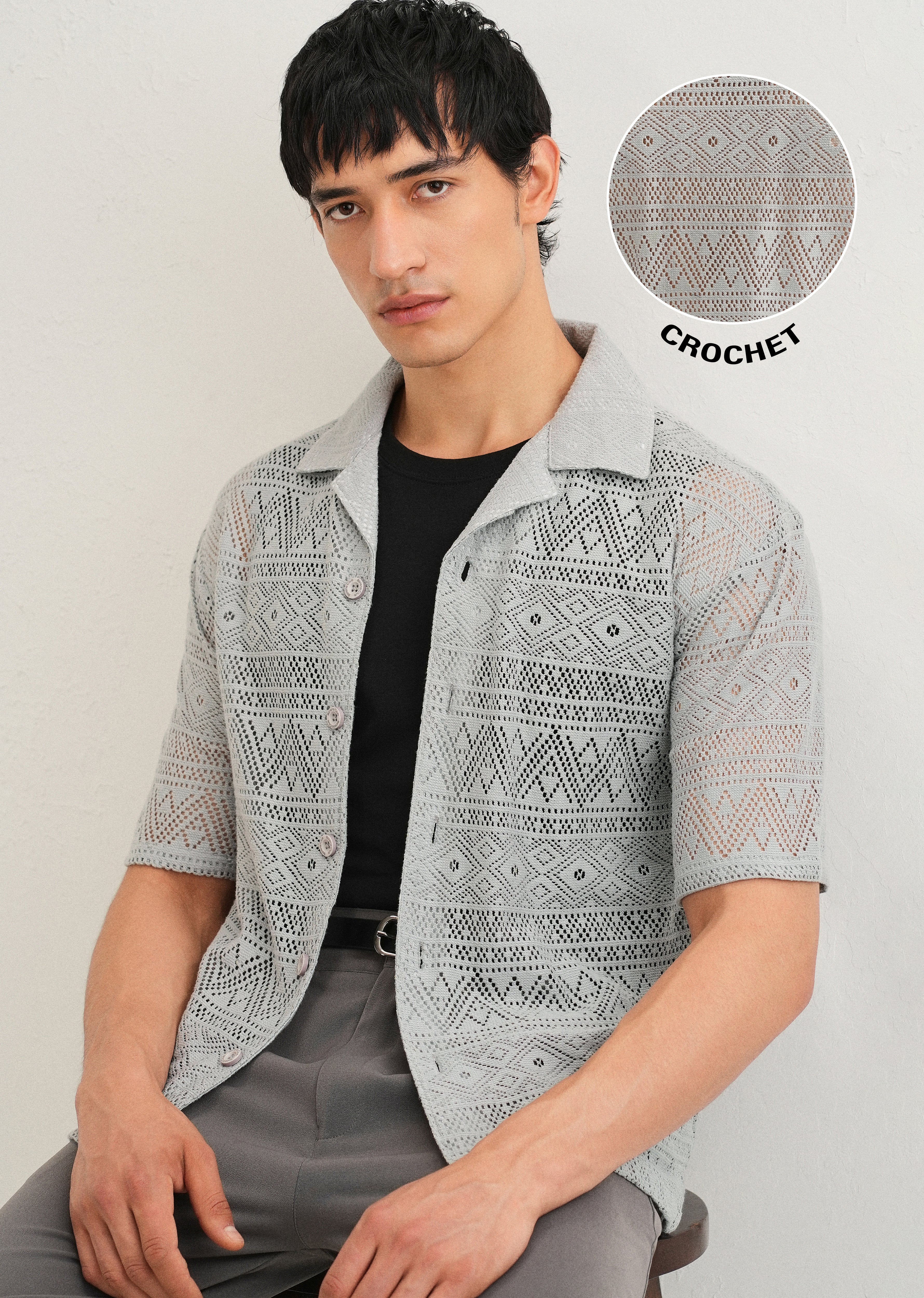 Pastel Grey Crochet Shirt - Image 7