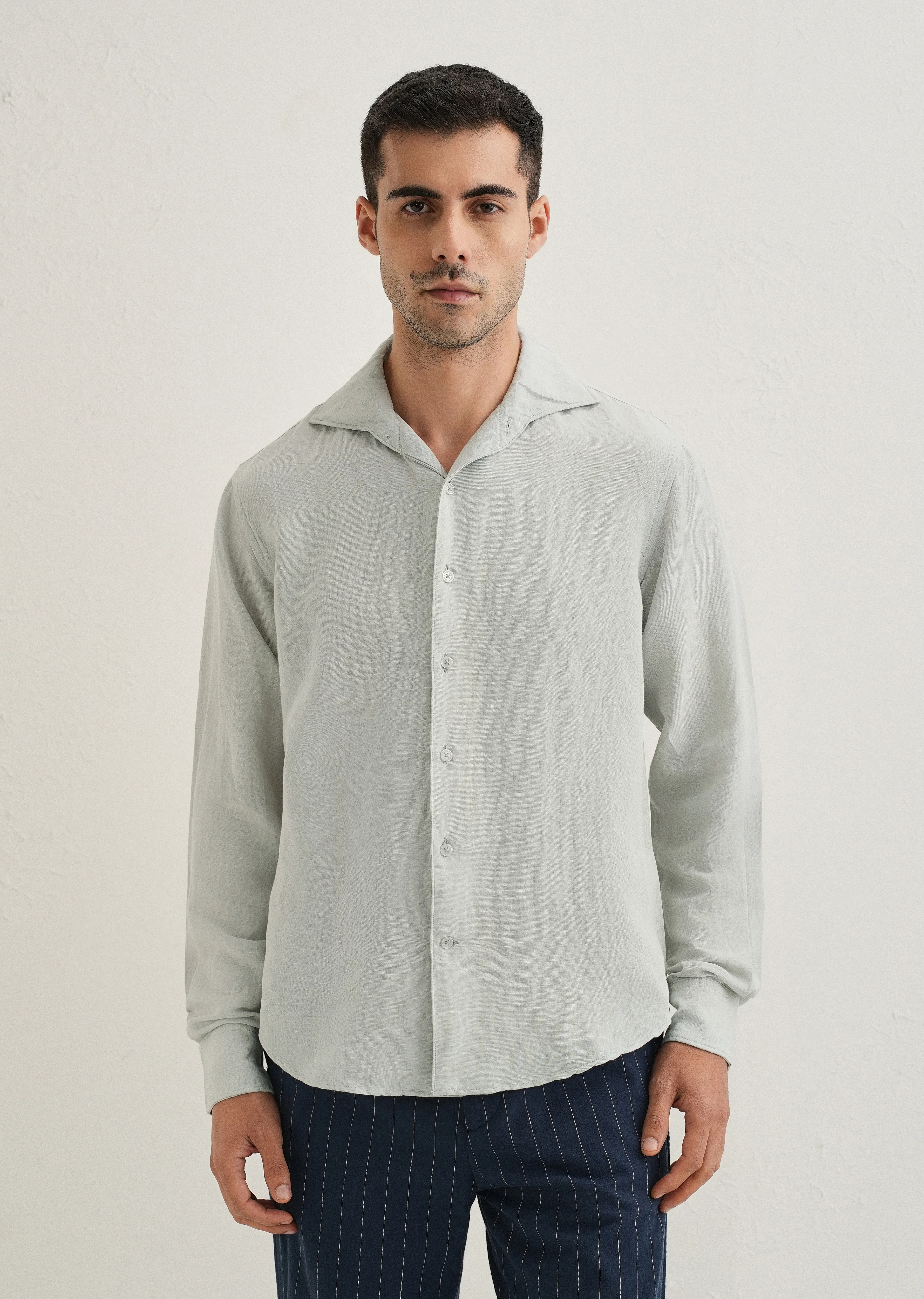 Pastel Grey Plain Linen Viscose Shirt - Image 3