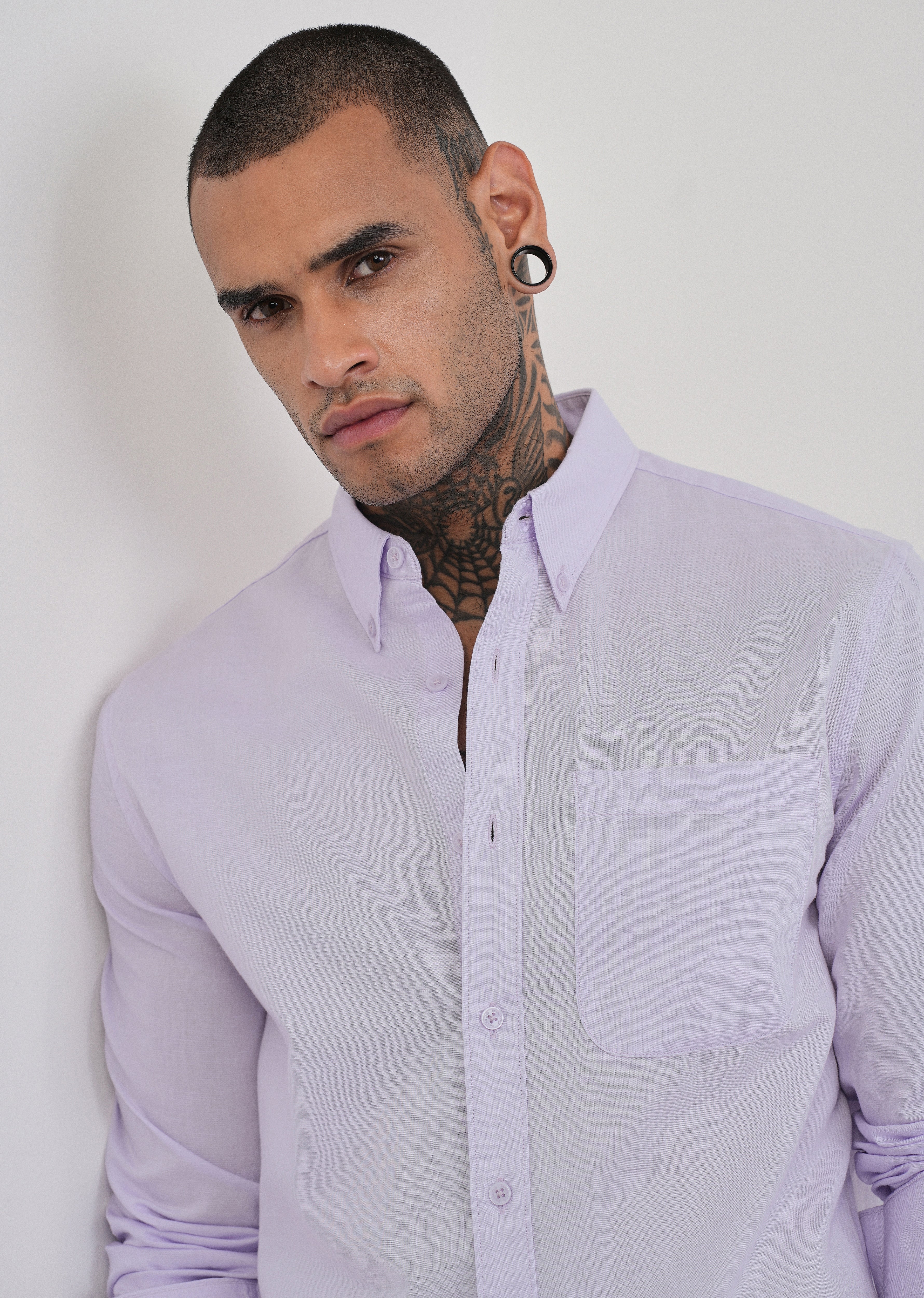 Pastel Lavender Cotton Linen Plain Shirt - Image 5
