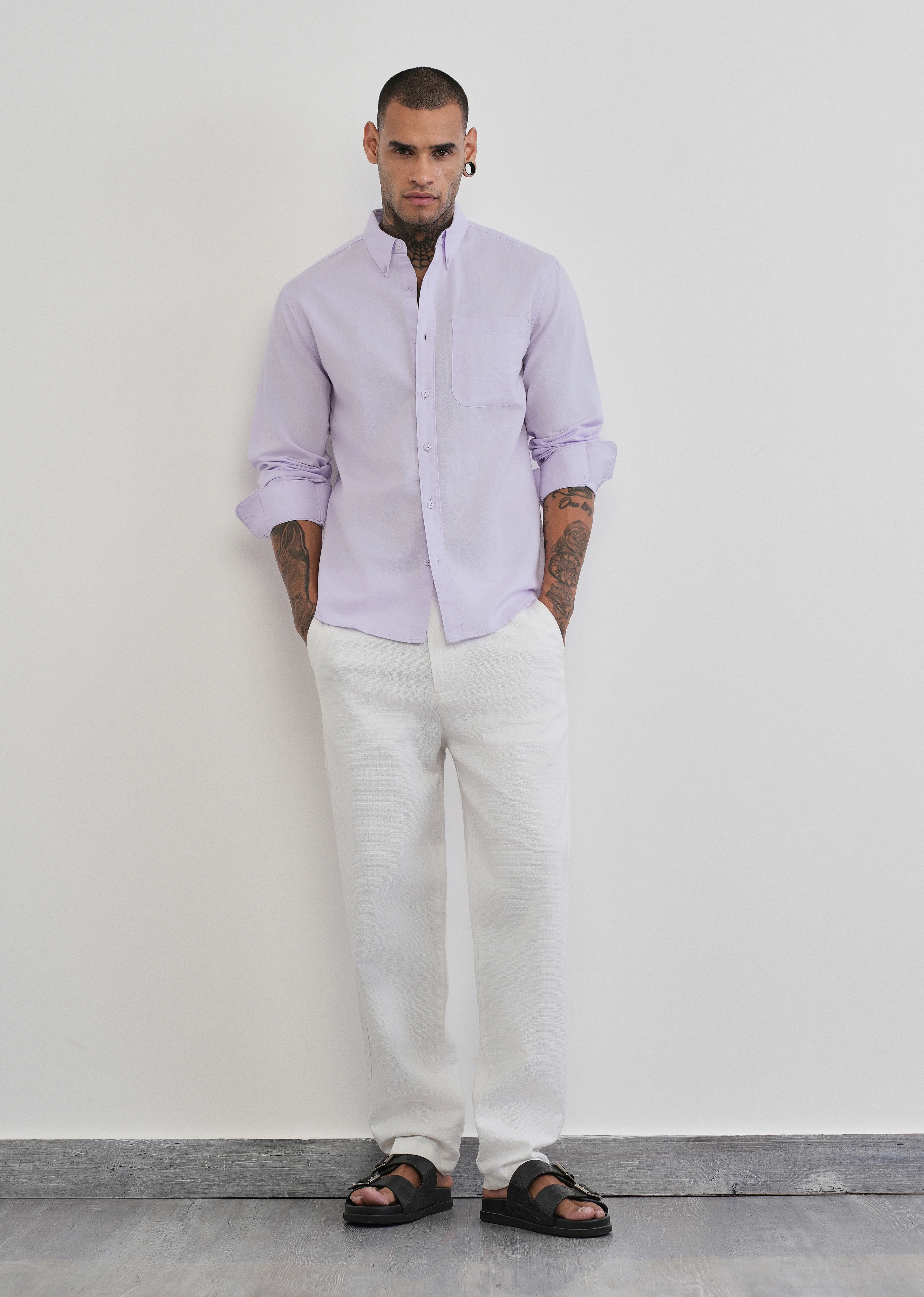 Pastel Lavender Cotton Linen Plain Shirt - Image 6