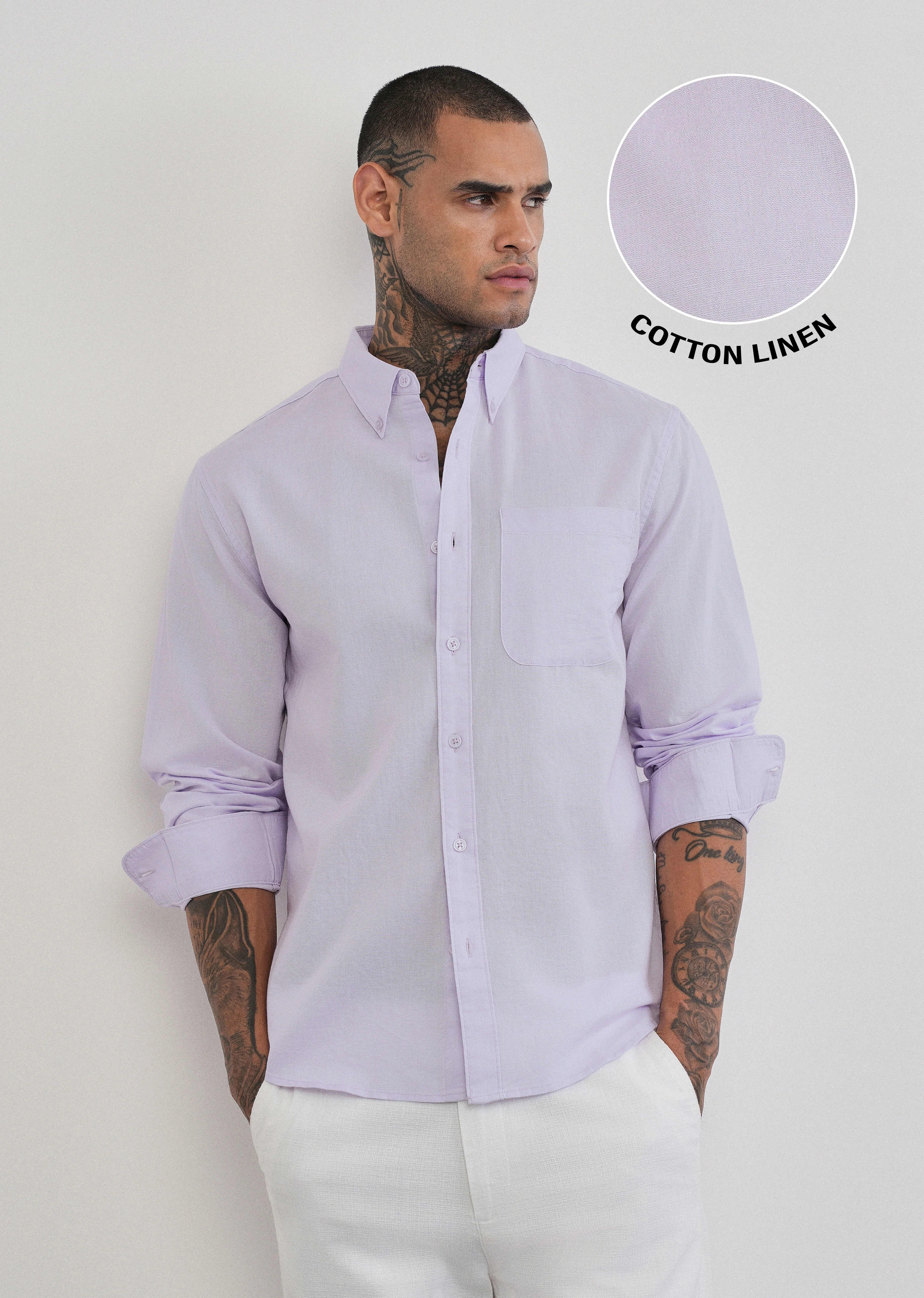 Pastel Lavender Cotton Linen Plain Shirt - Image 7