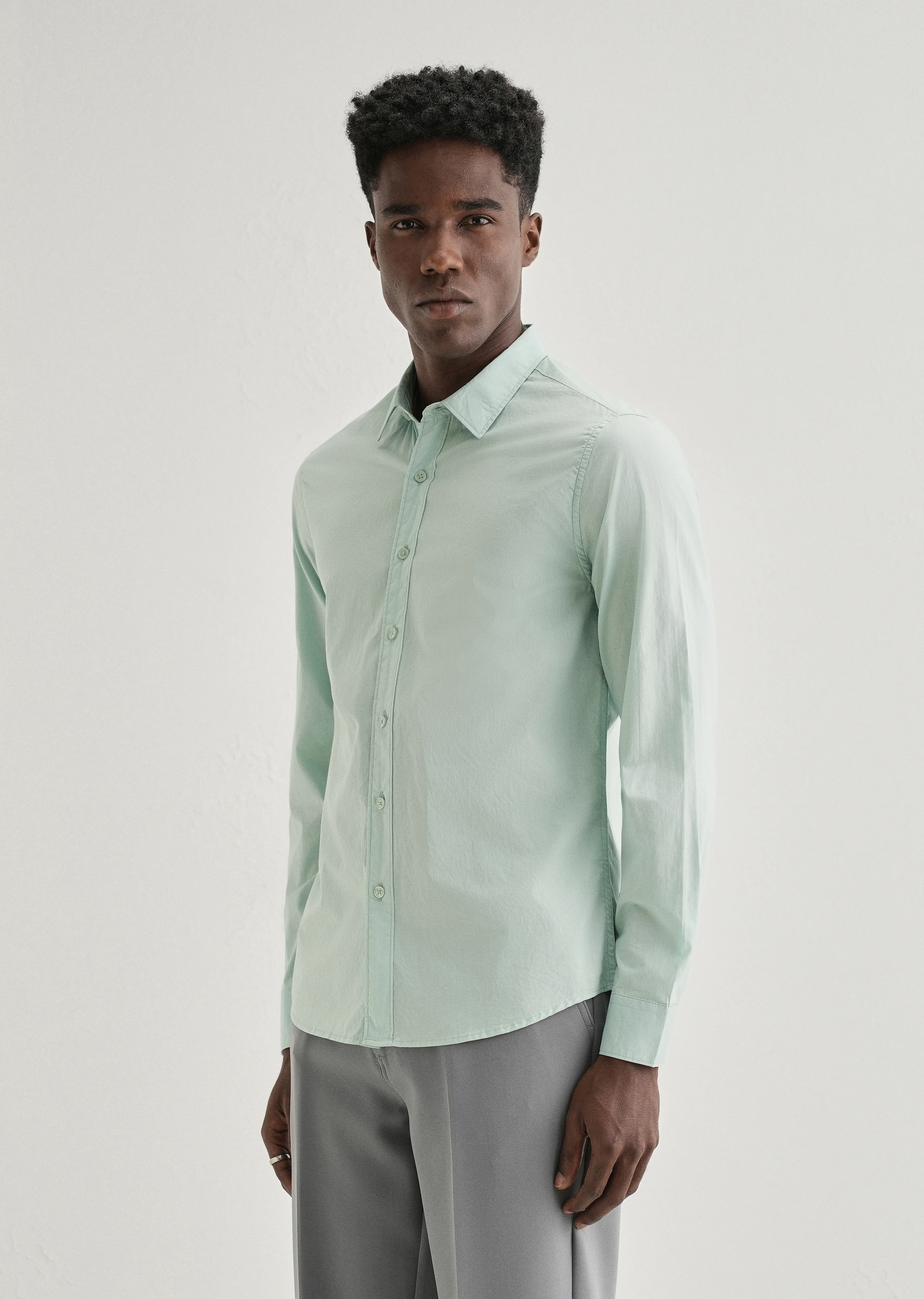 Pastel Mint Green Plain Cotton Shirt - Image 4