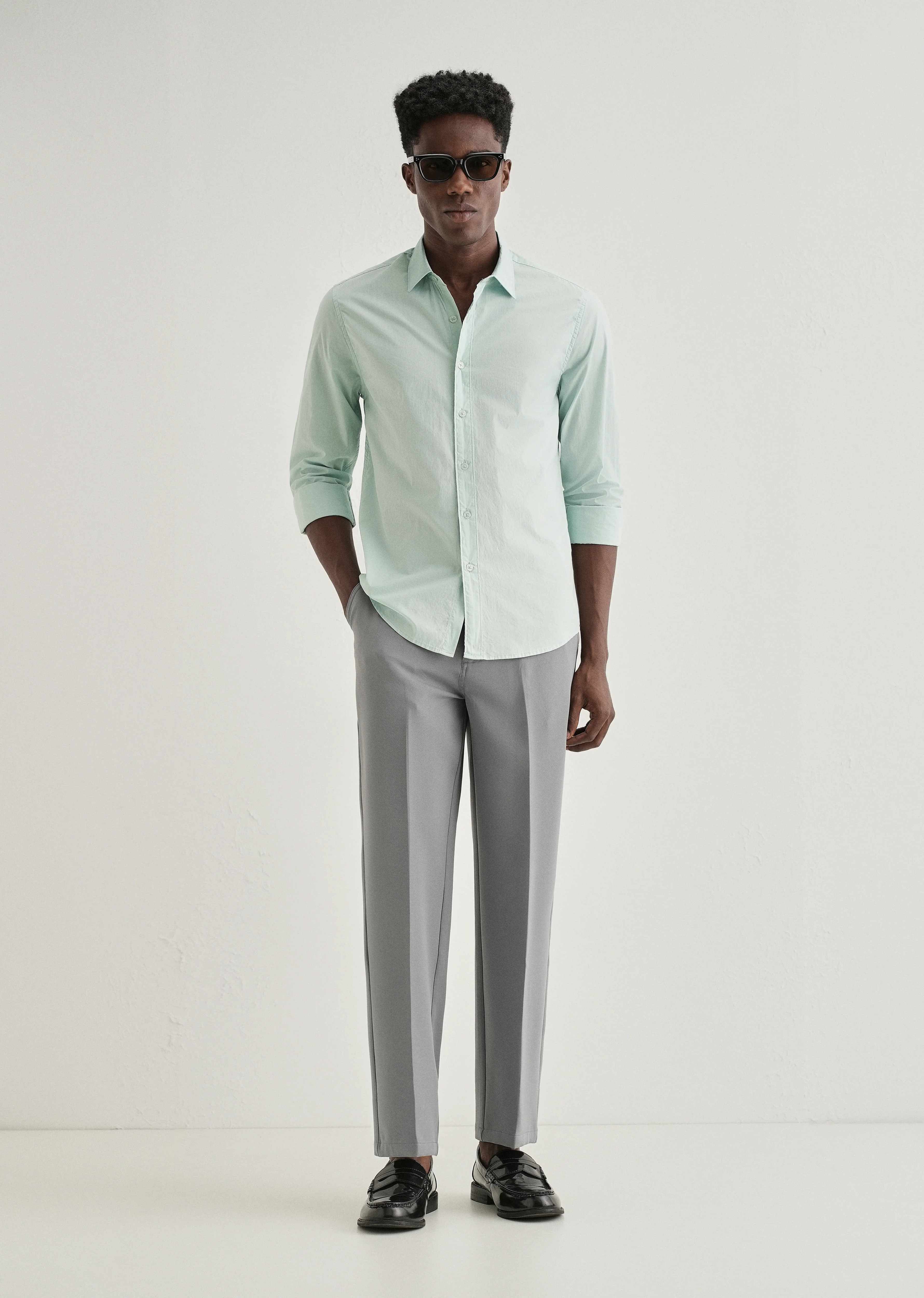 Pastel Mint Green Plain Cotton Shirt - Image 6