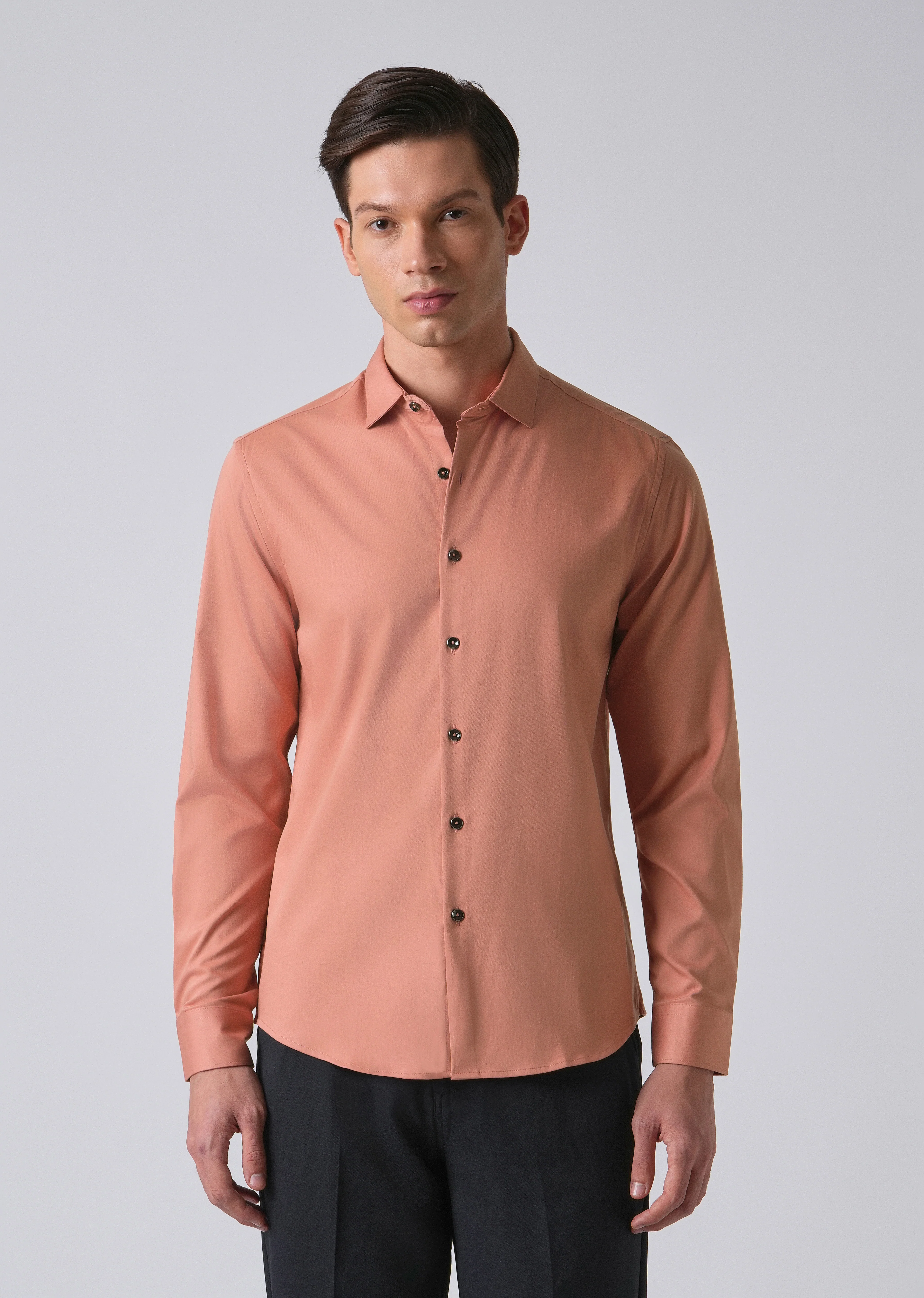 Peach Cotton Stretch Plain Shirt - Image 3