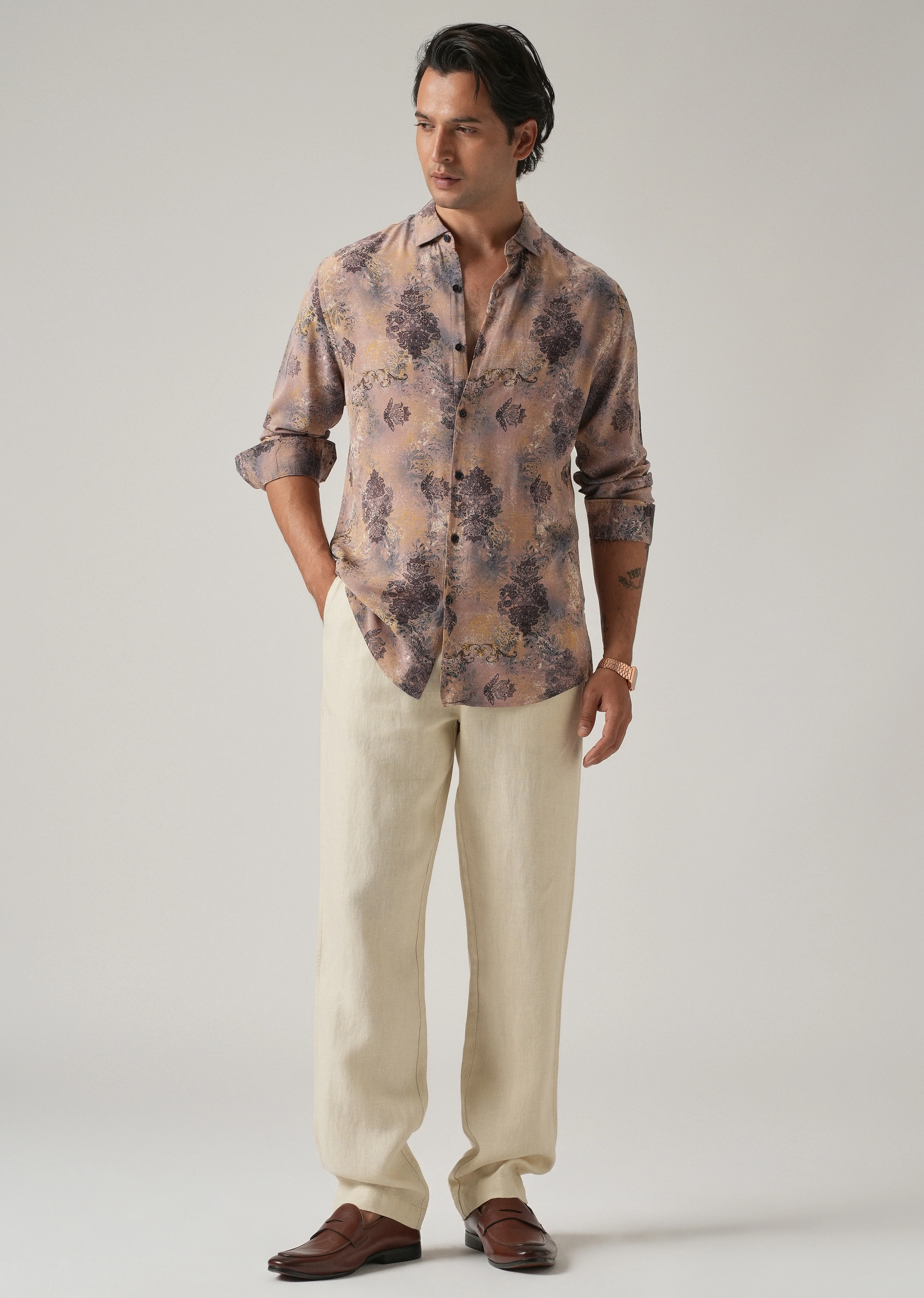 Peach Floral Print Feather Shirt - Image 6