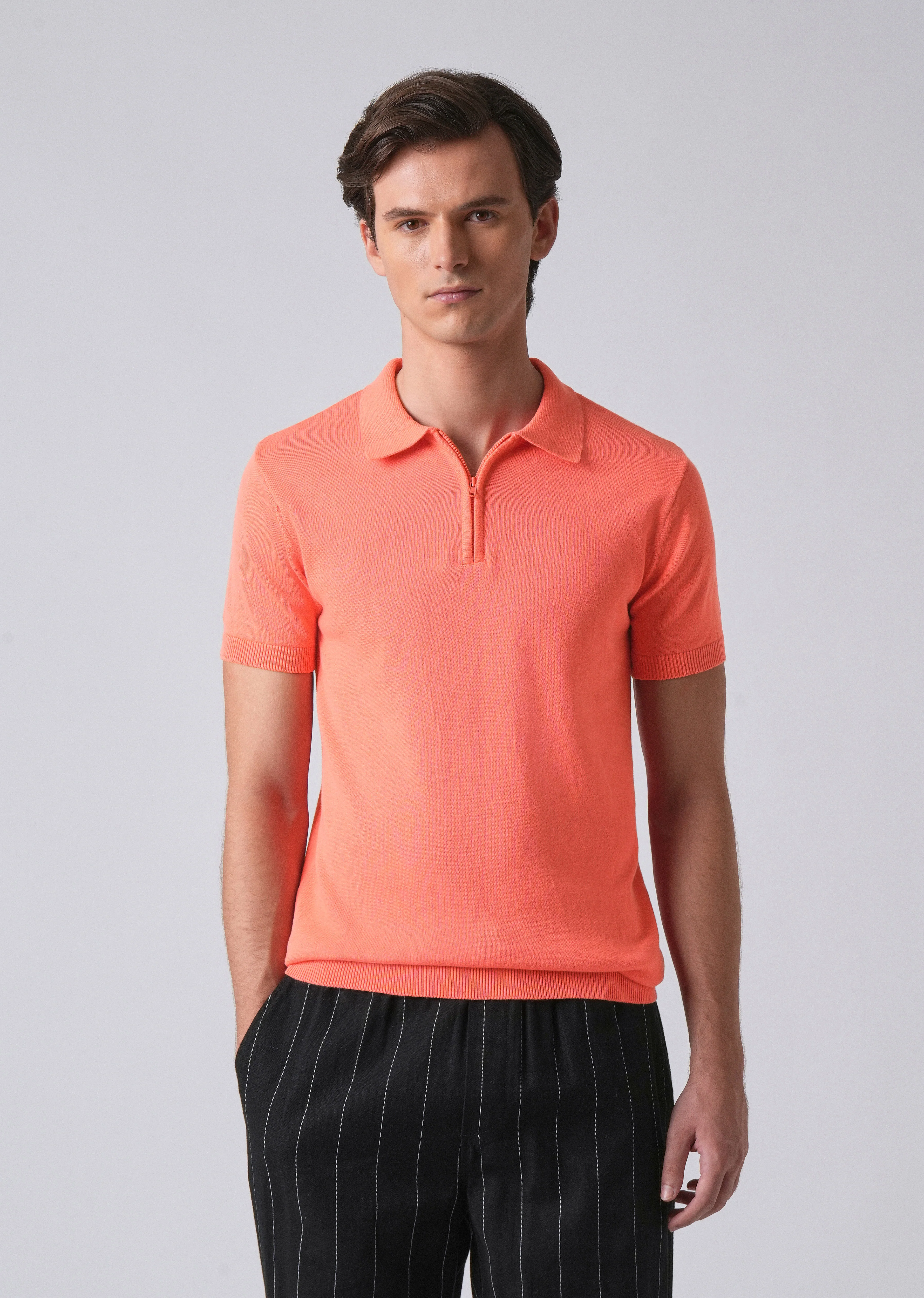 Peach Knitted Polo Zipper T-shirt - Image 3