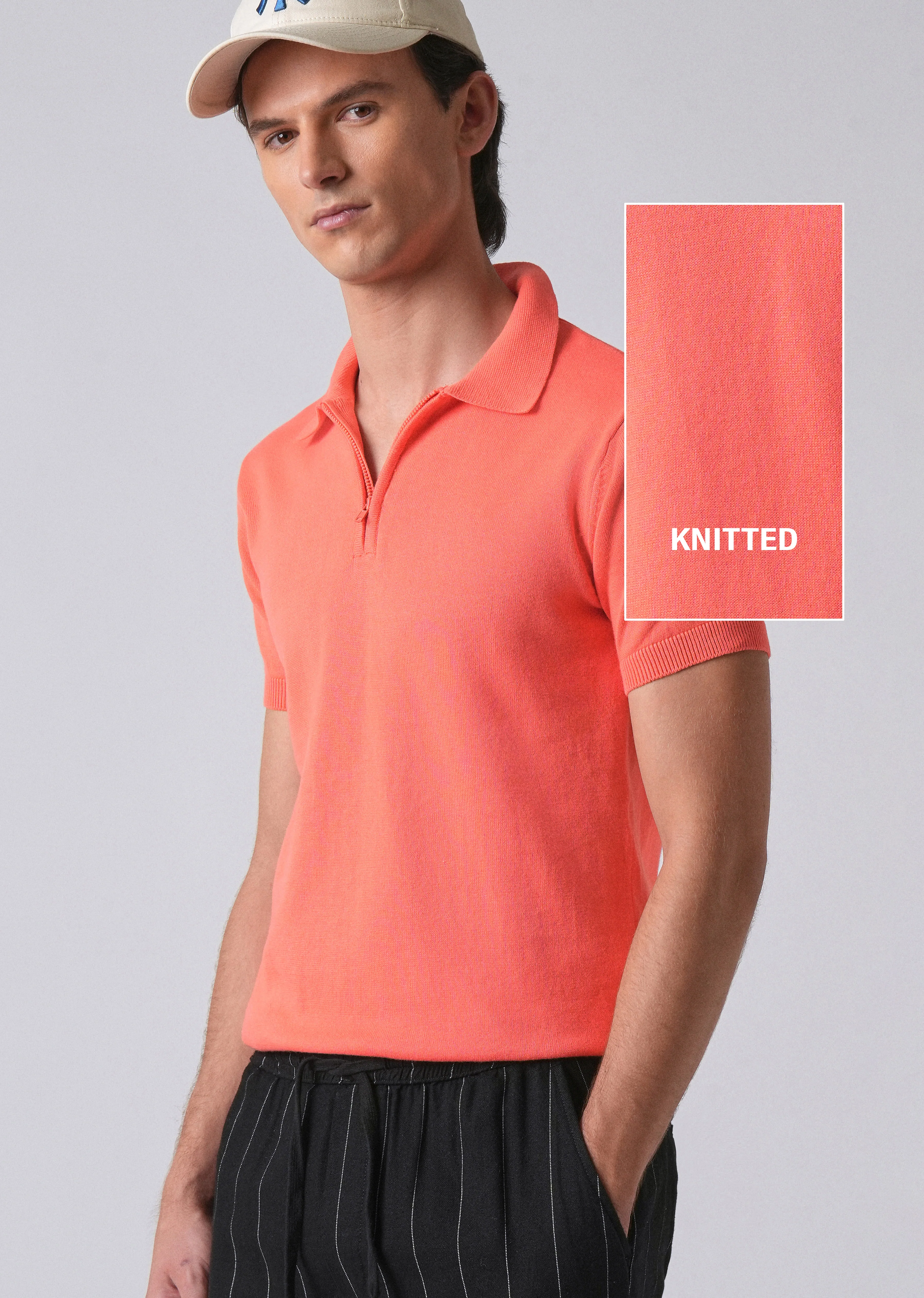 Peach Knitted Polo Zipper T-shirt - Image 7