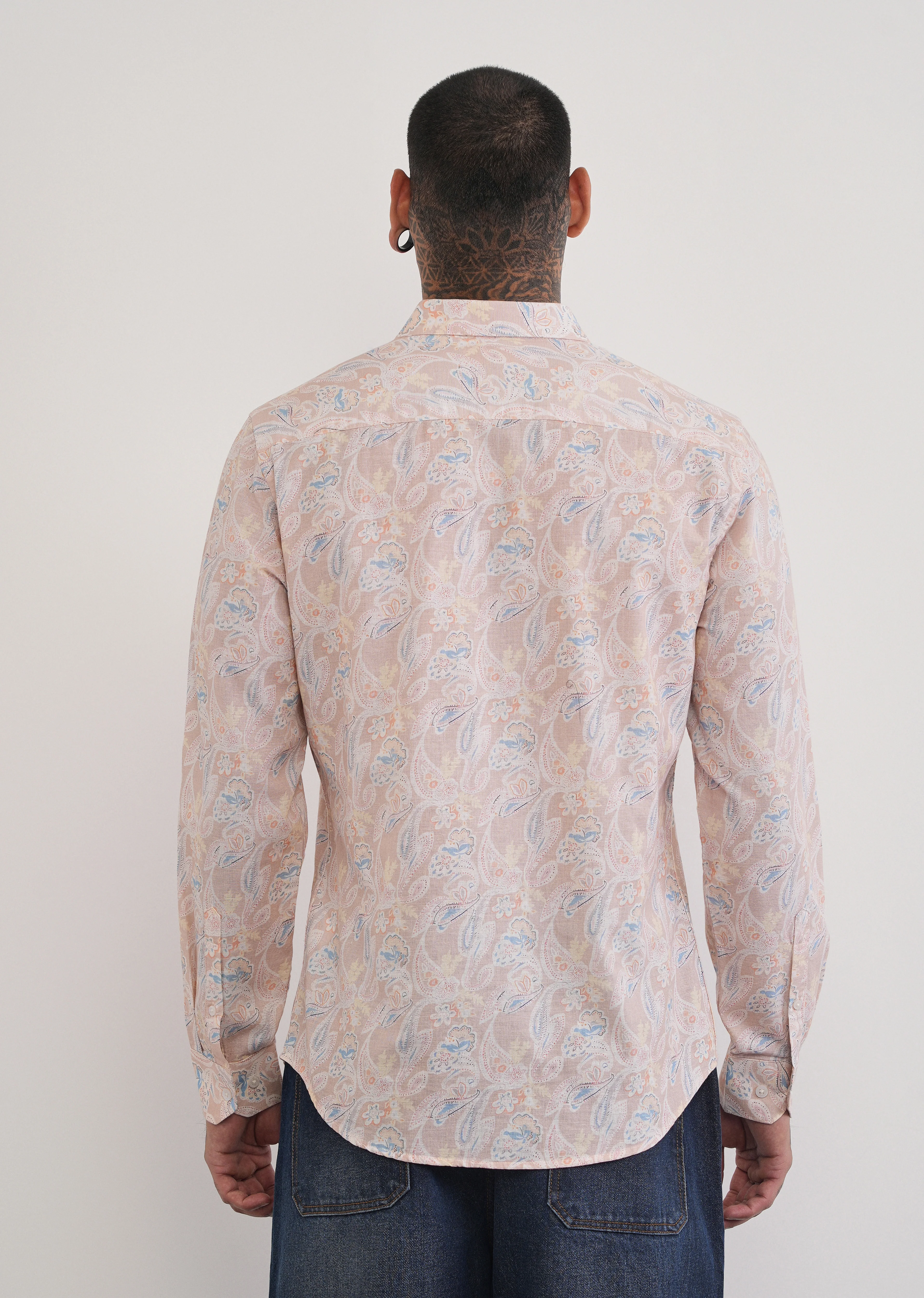 Peach Paisley Print Cotton Linen Shirt - Image 3