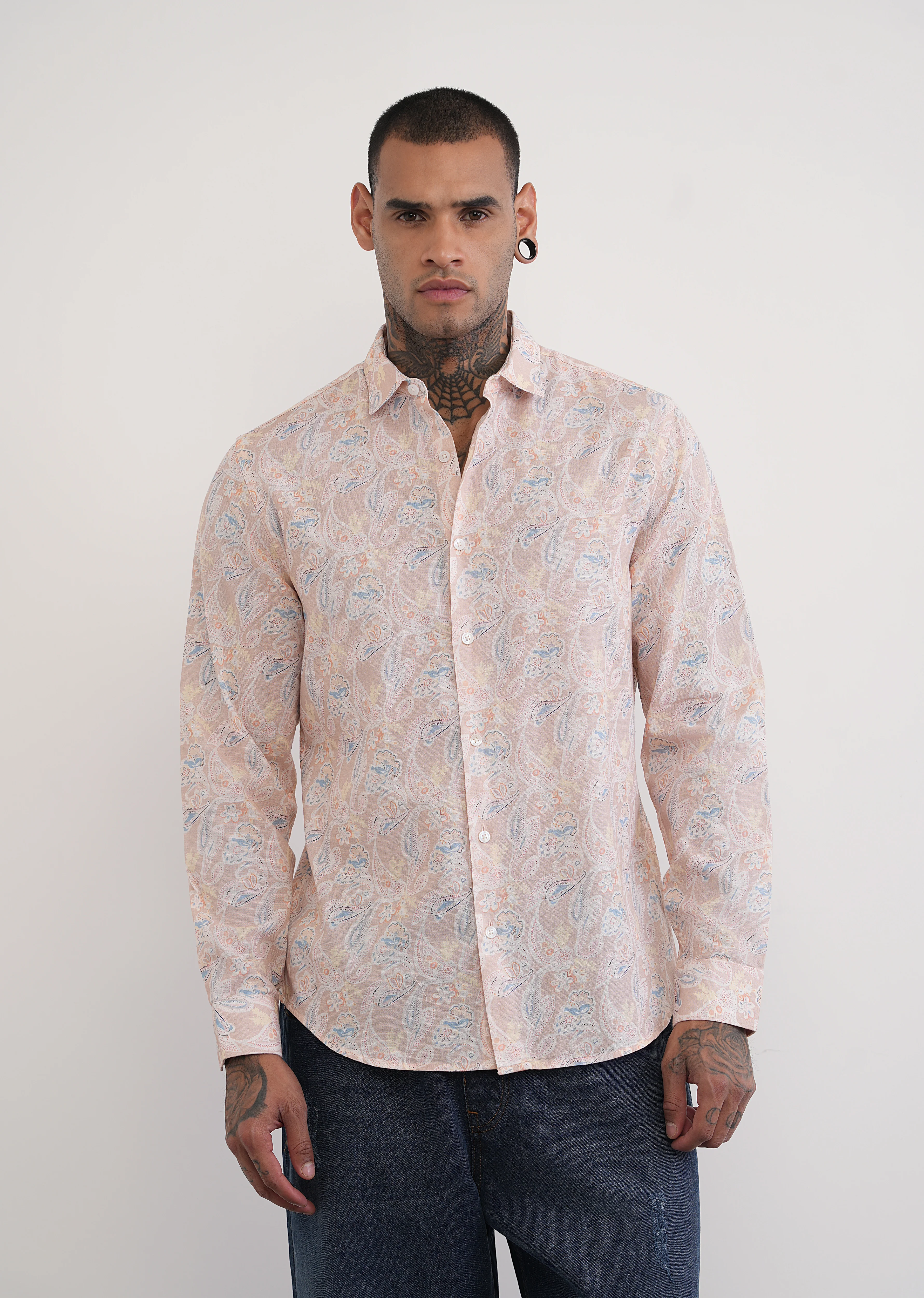 Peach Paisley Print Cotton Linen Shirt - Image 5