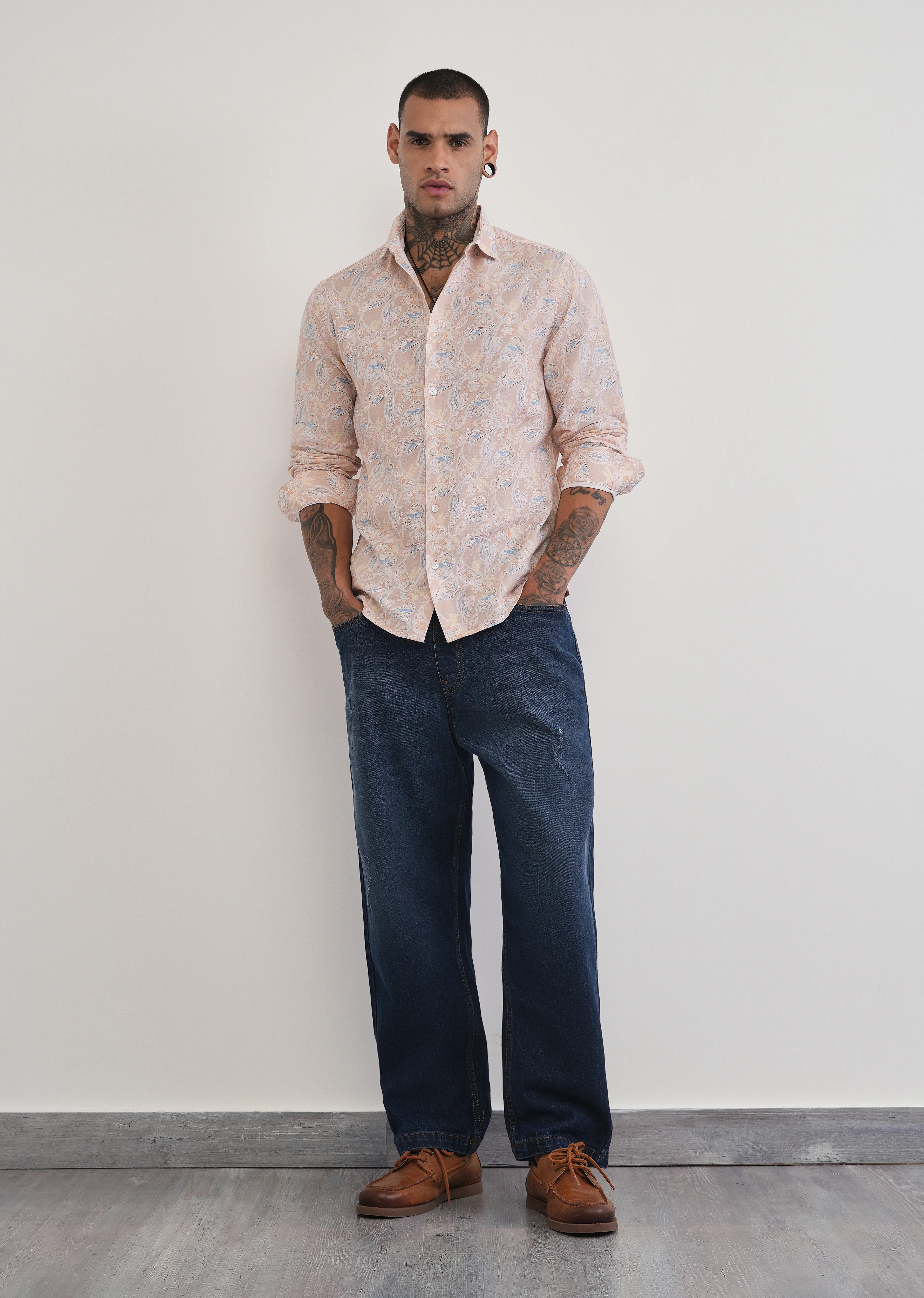 Peach Paisley Print Cotton Linen Shirt - Image 8