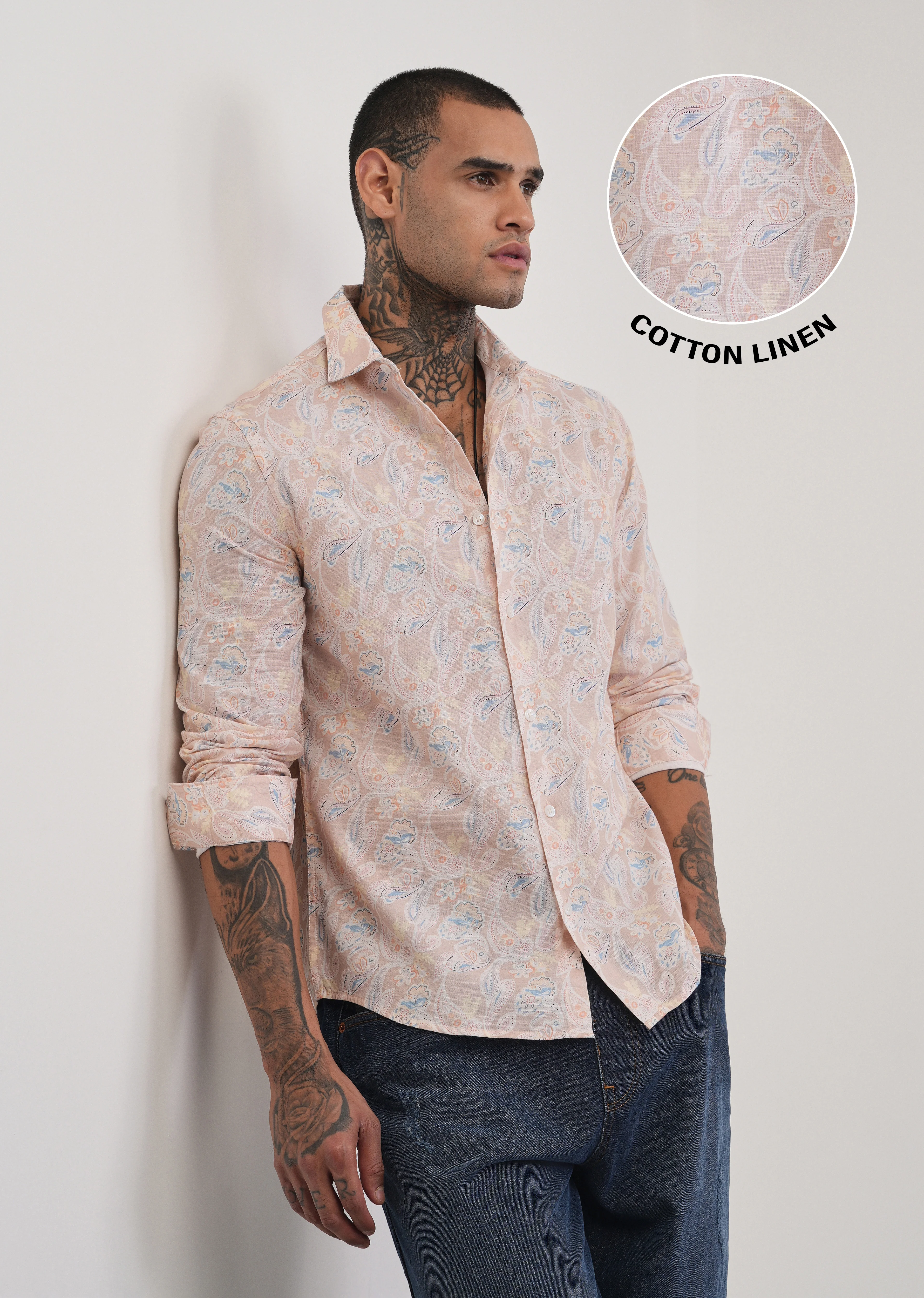 Peach Paisley Print Cotton Linen Shirt - Image 9