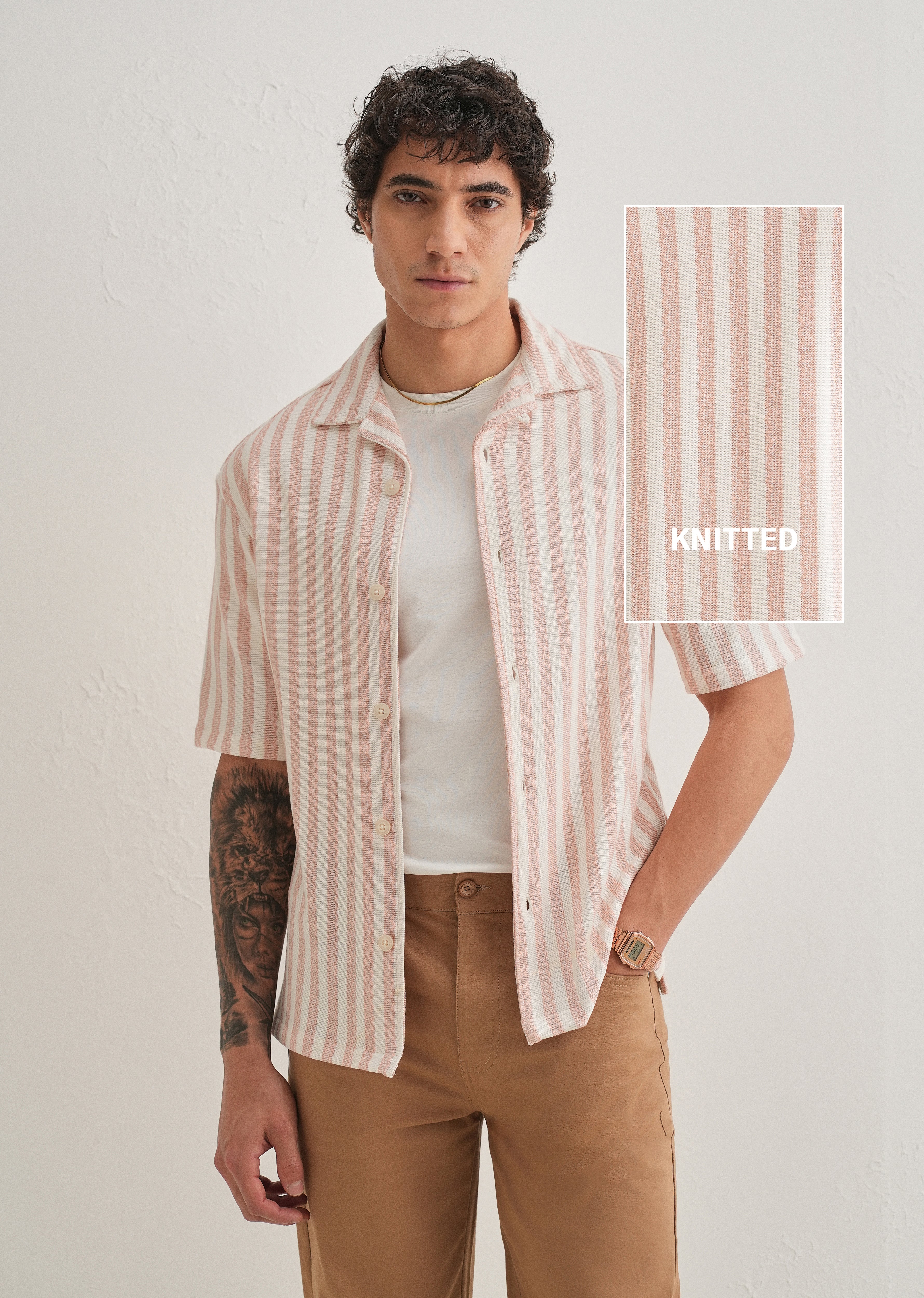Peach Striped Knit Cuban Collar Shirt - Image 2