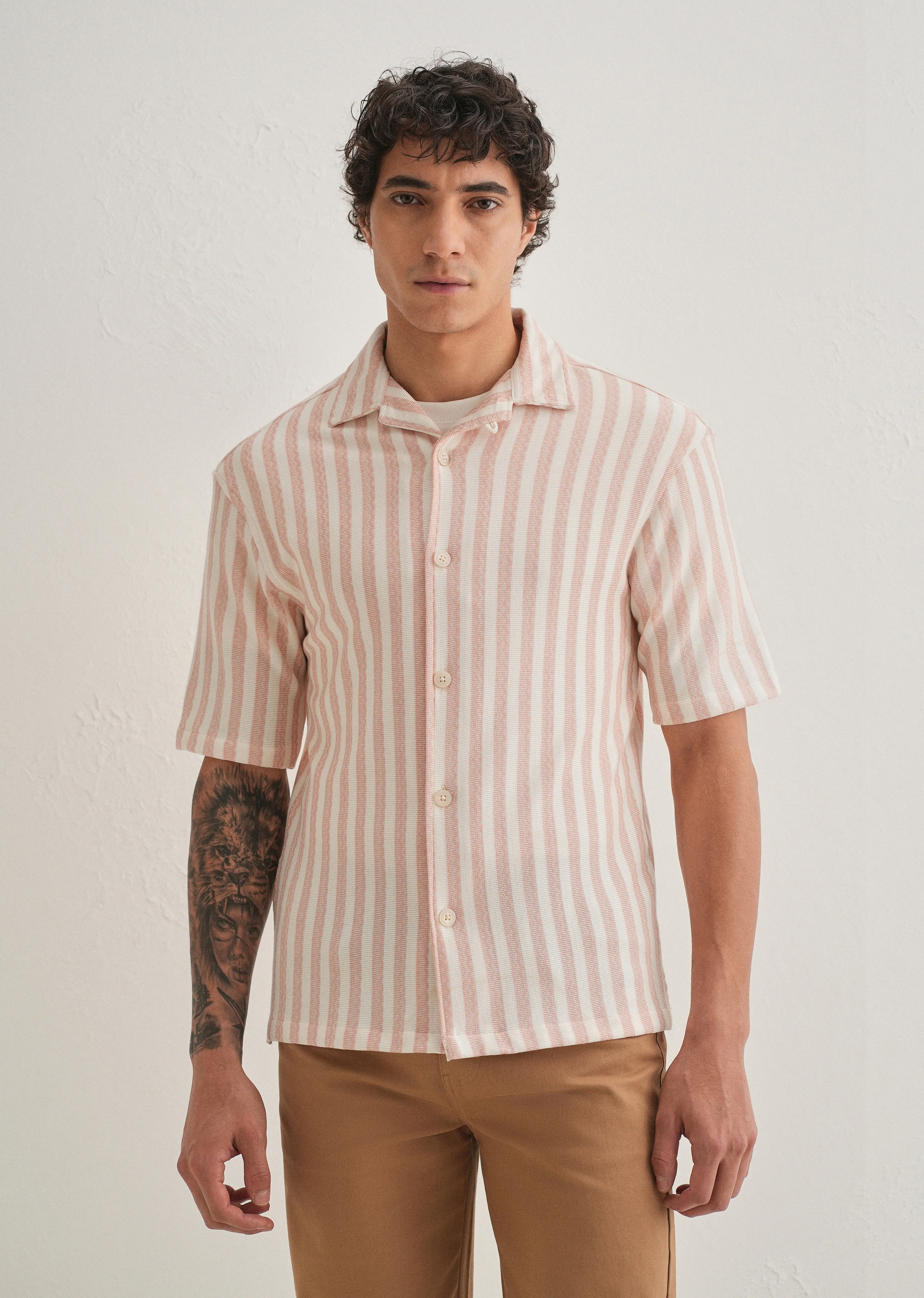 Peach Striped Knit Cuban Collar Shirt - Image 4