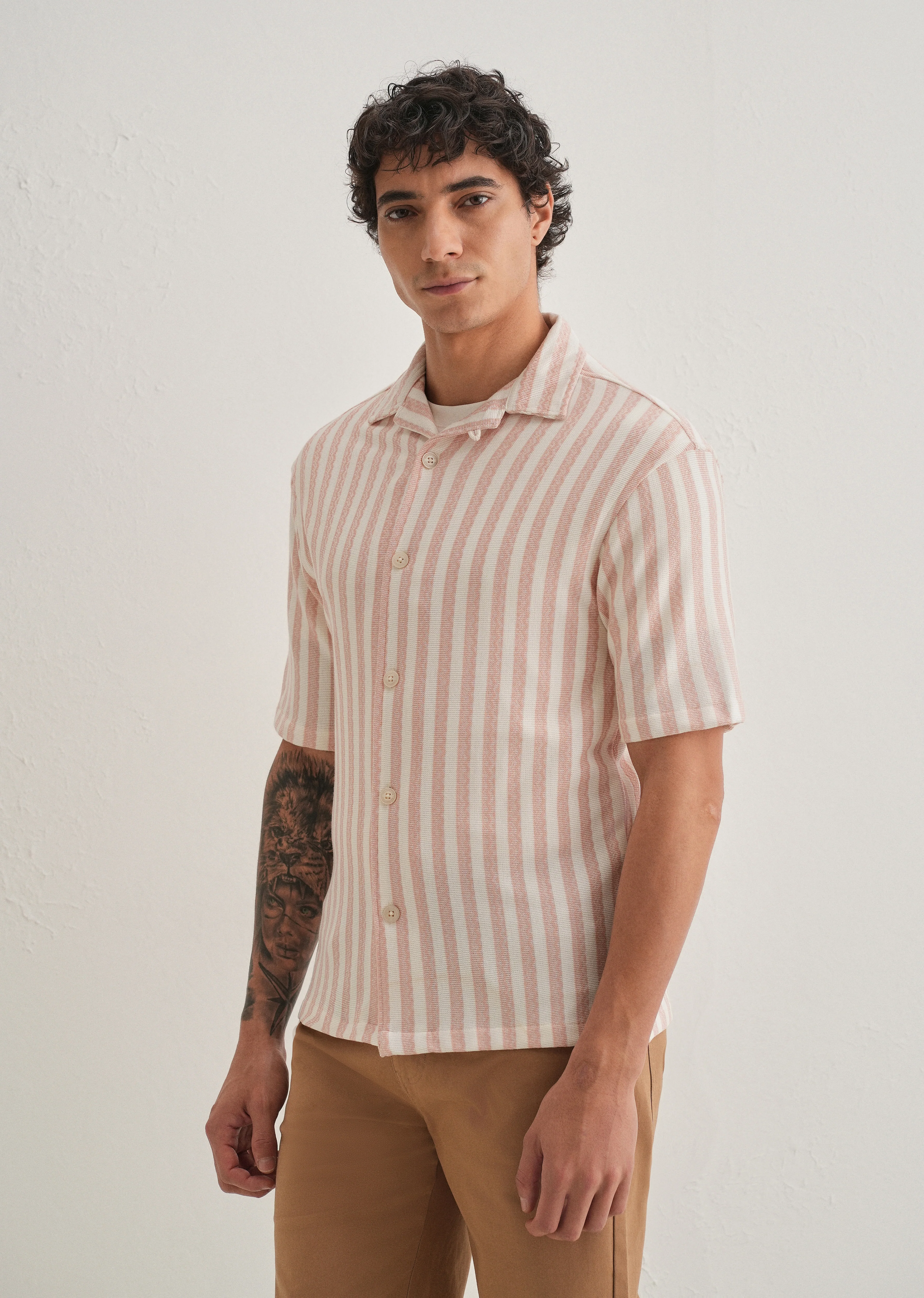 Peach Striped Knit Cuban Collar Shirt - Image 5