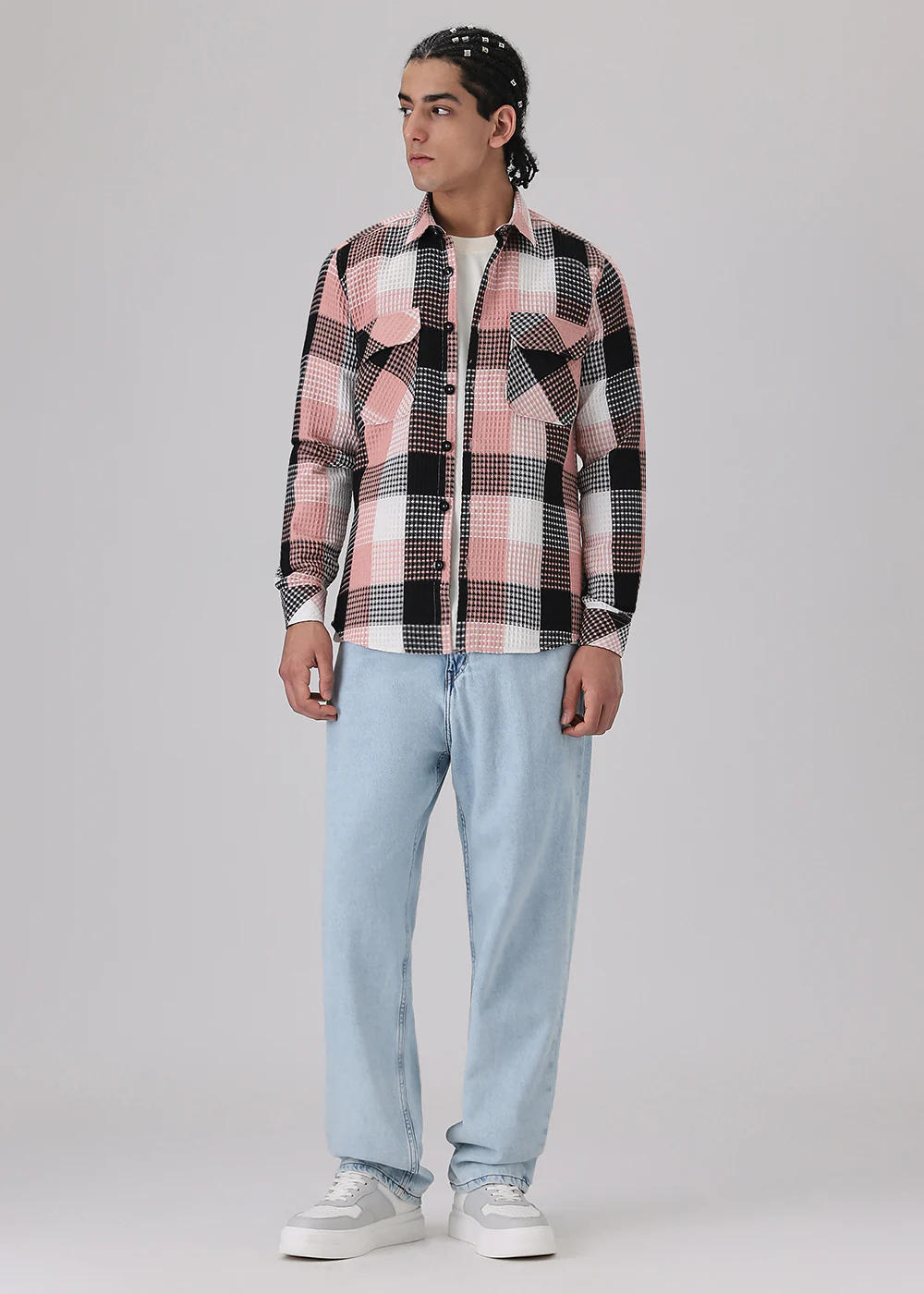 Peach Waffle Plaid Check Shirt - Image 7