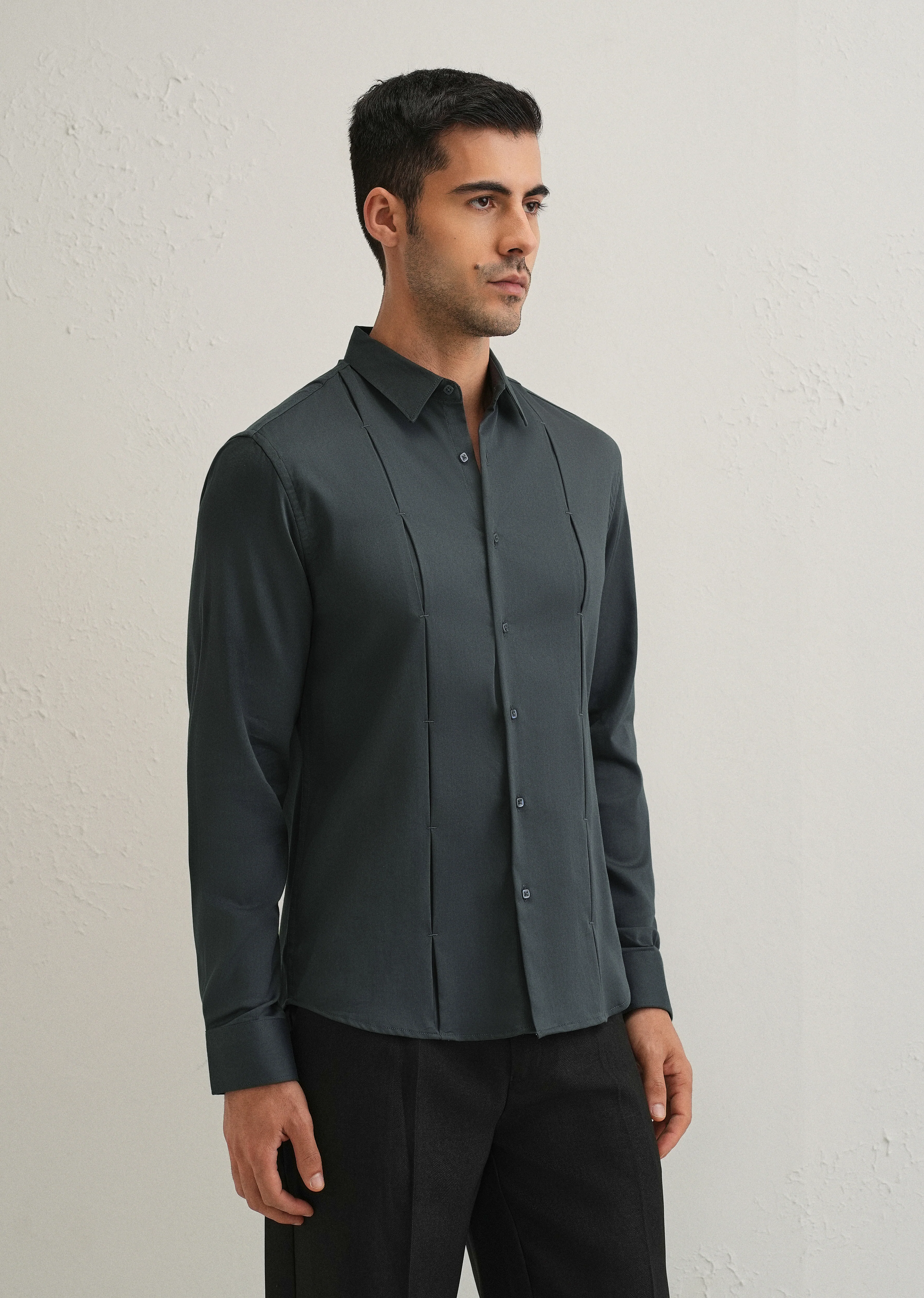 Pebble Grey Front Panel Open Pleat Shirt - Image 4