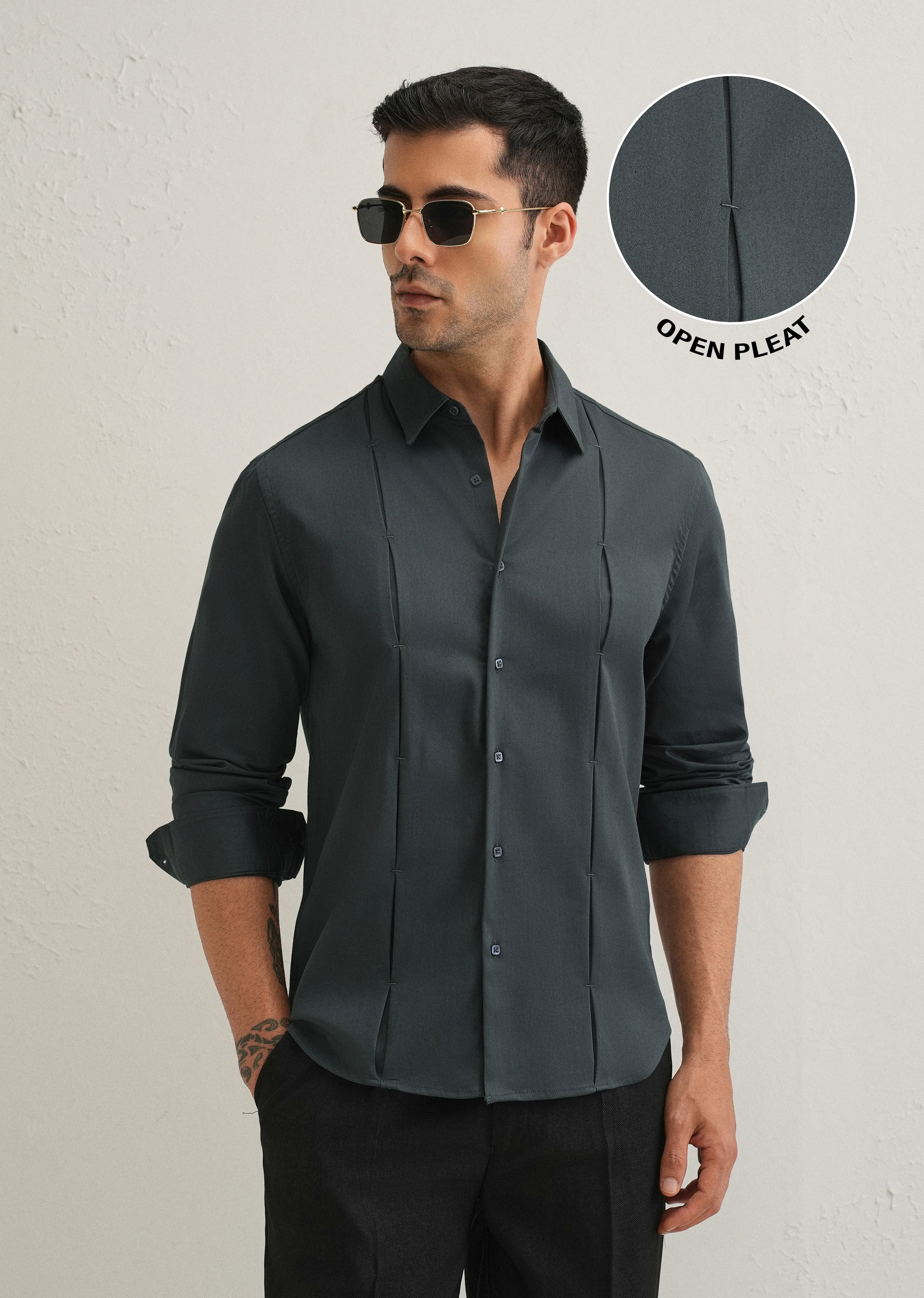 Pebble Grey Front Panel Open Pleat Shirt - Image 7