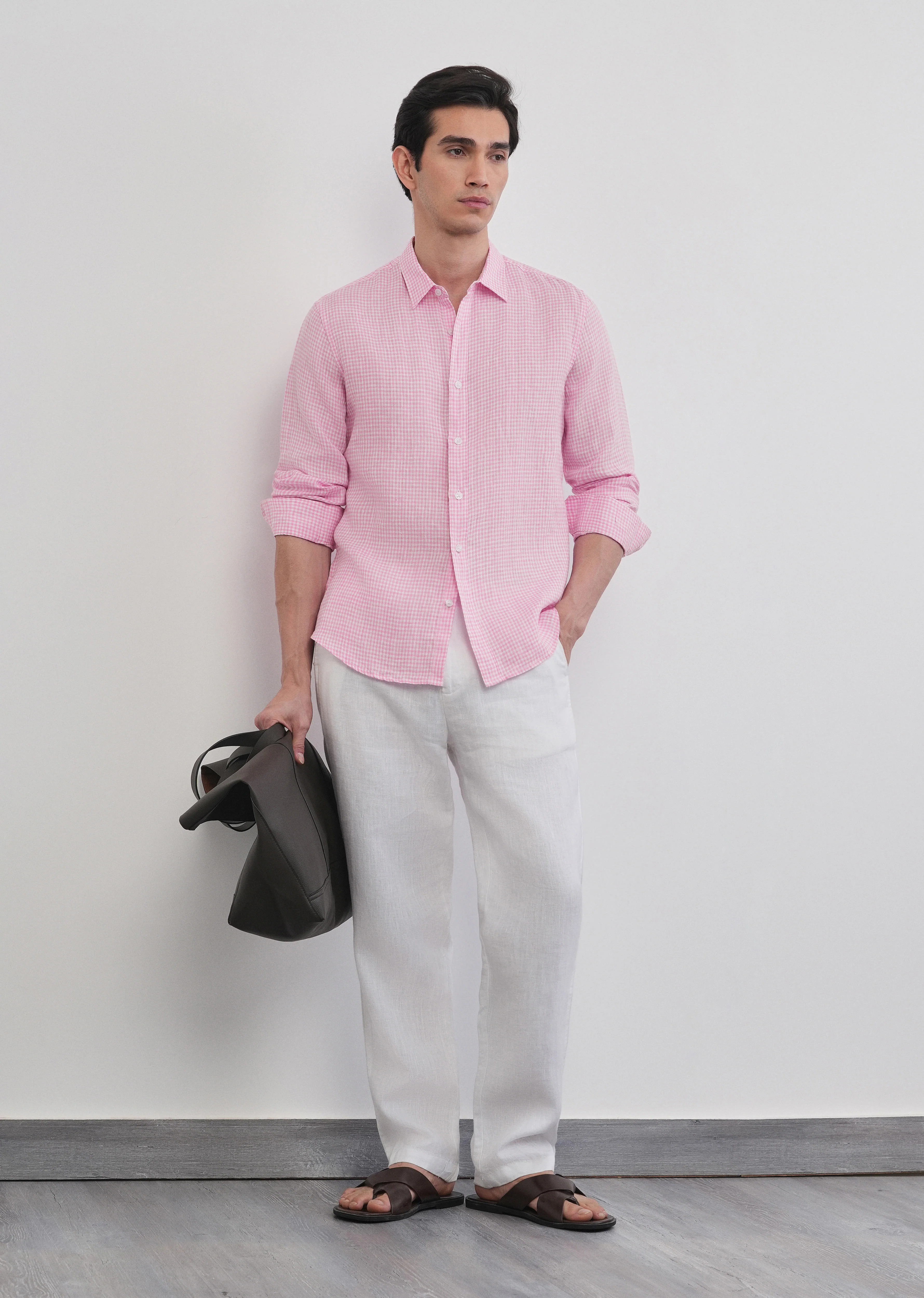 Pink 100% Pure Linen Gingham Check Shirt - Image 10