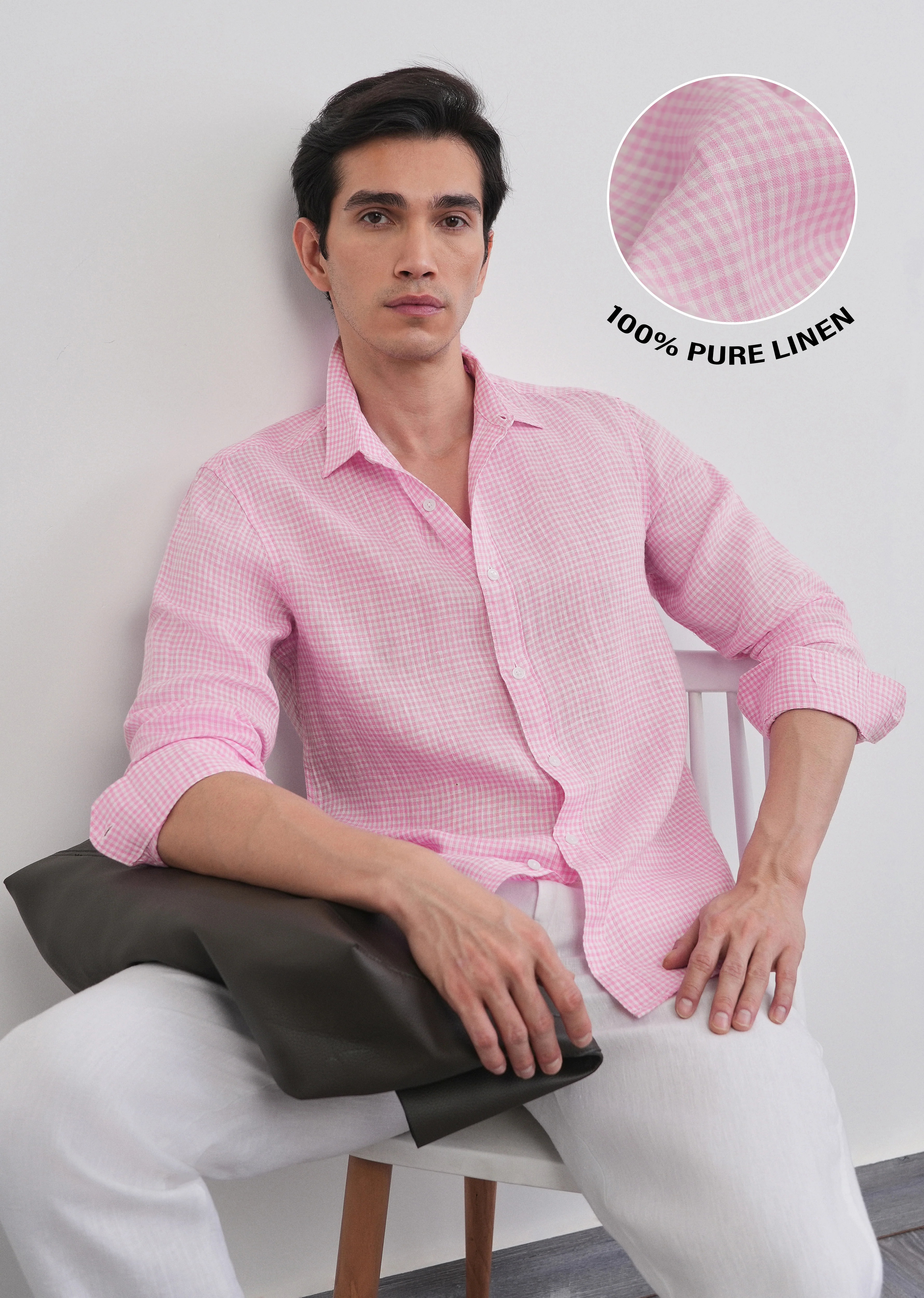 Pink 100% Pure Linen Gingham Check Shirt - Image 2