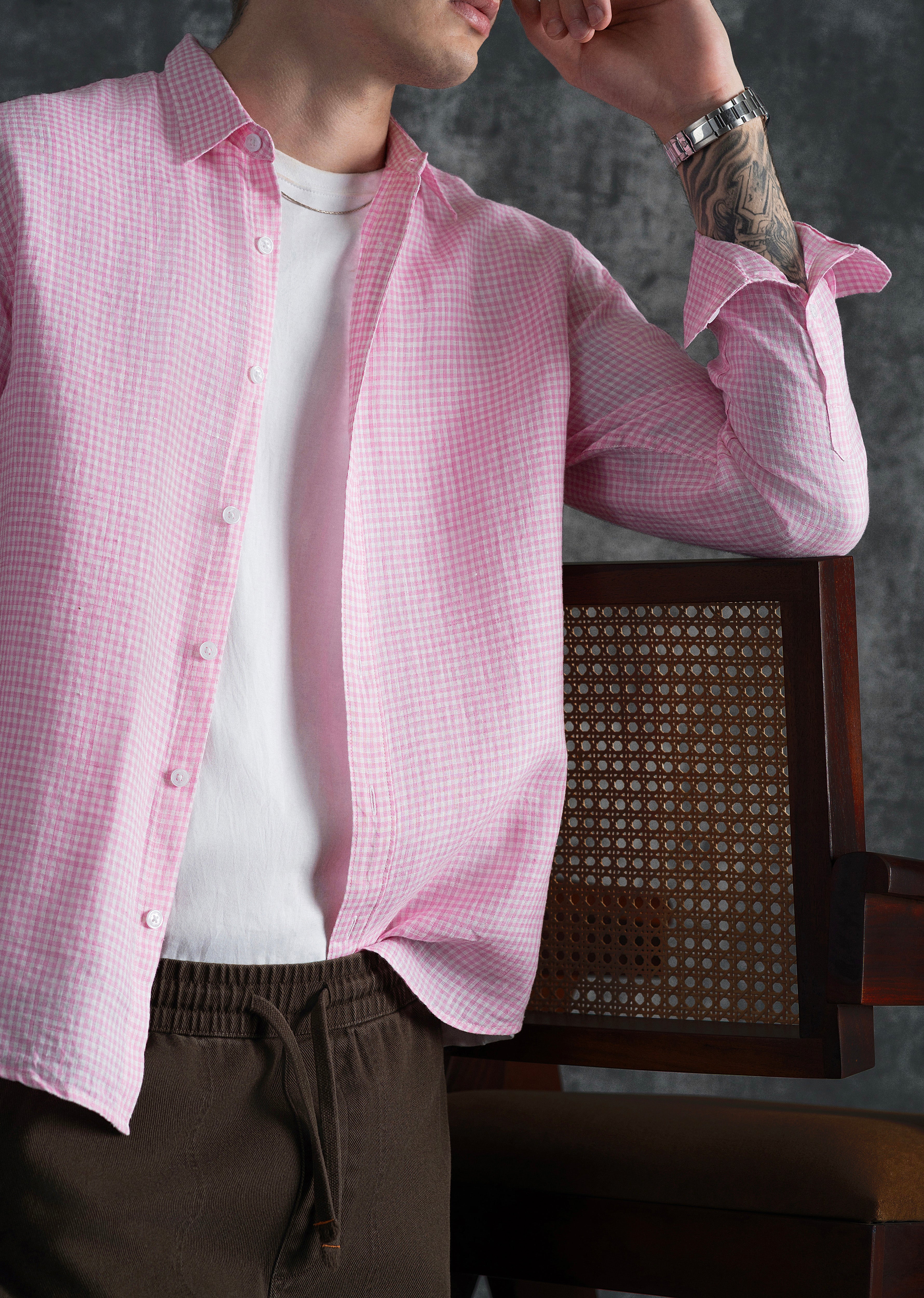 Pink 100% Pure Linen Gingham Check Shirt - Image 4