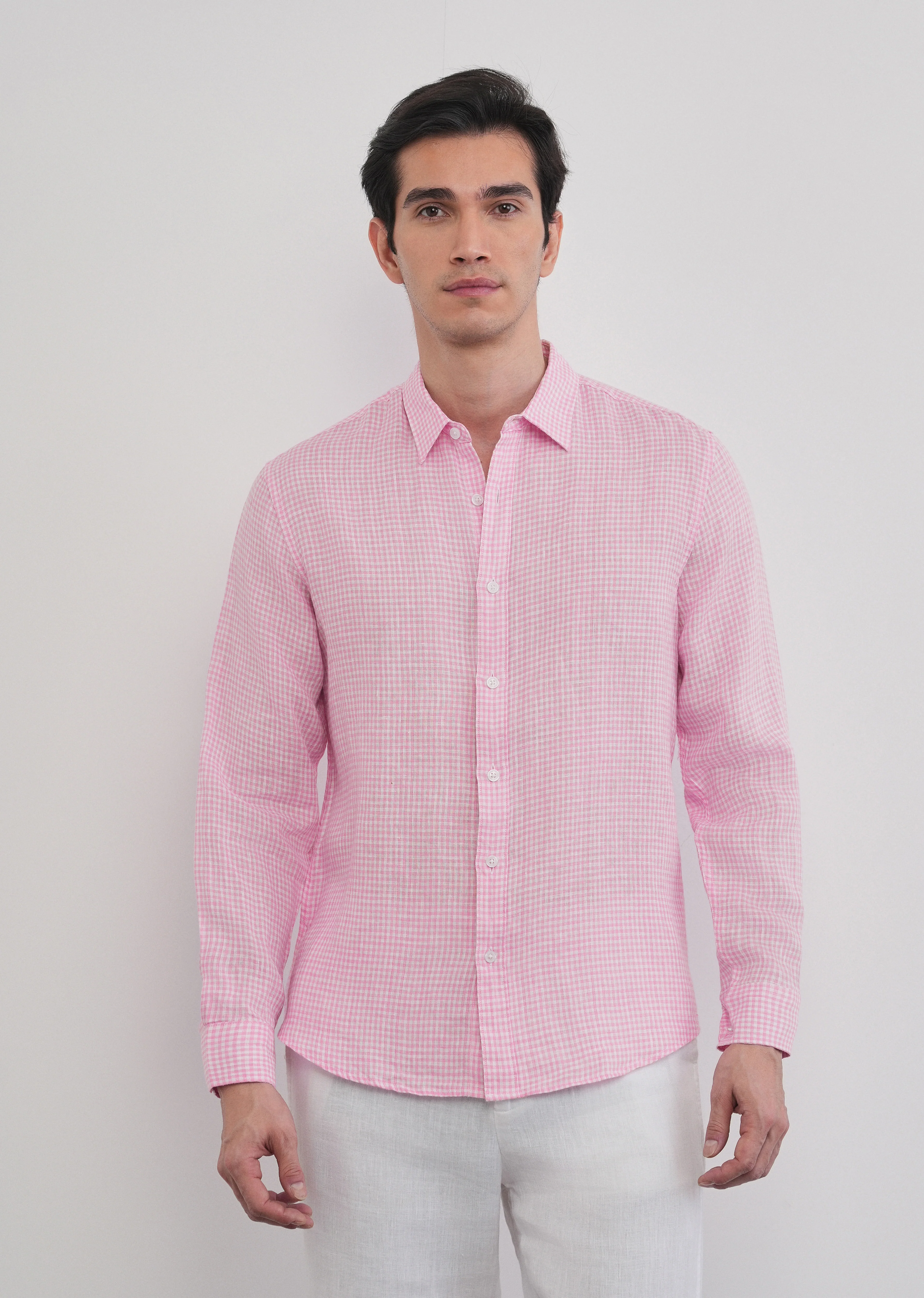 Pink 100% Pure Linen Gingham Check Shirt - Image 6