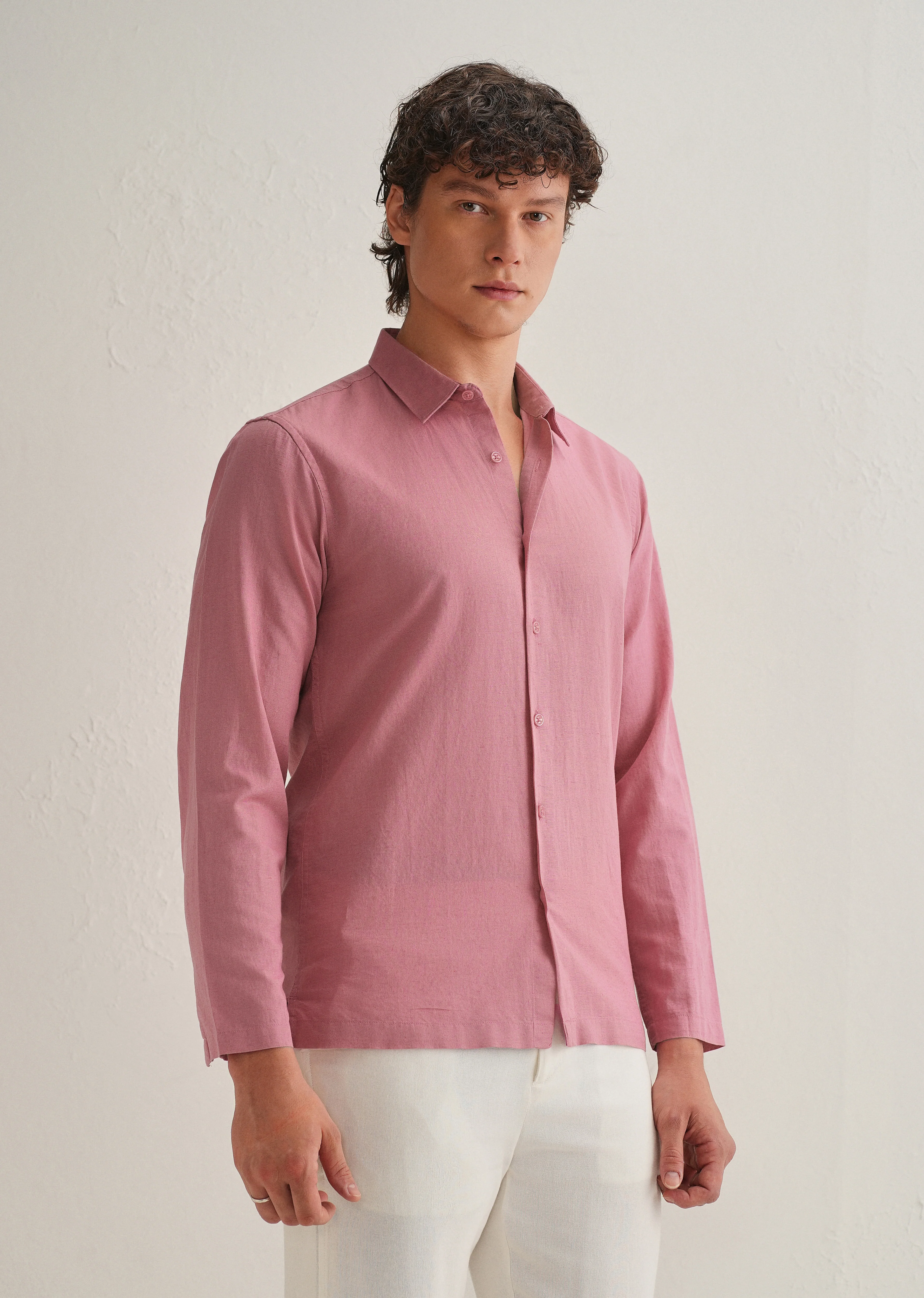 Pink Hidden Sleeve Placket Cotton Linen Shirt - Image 5