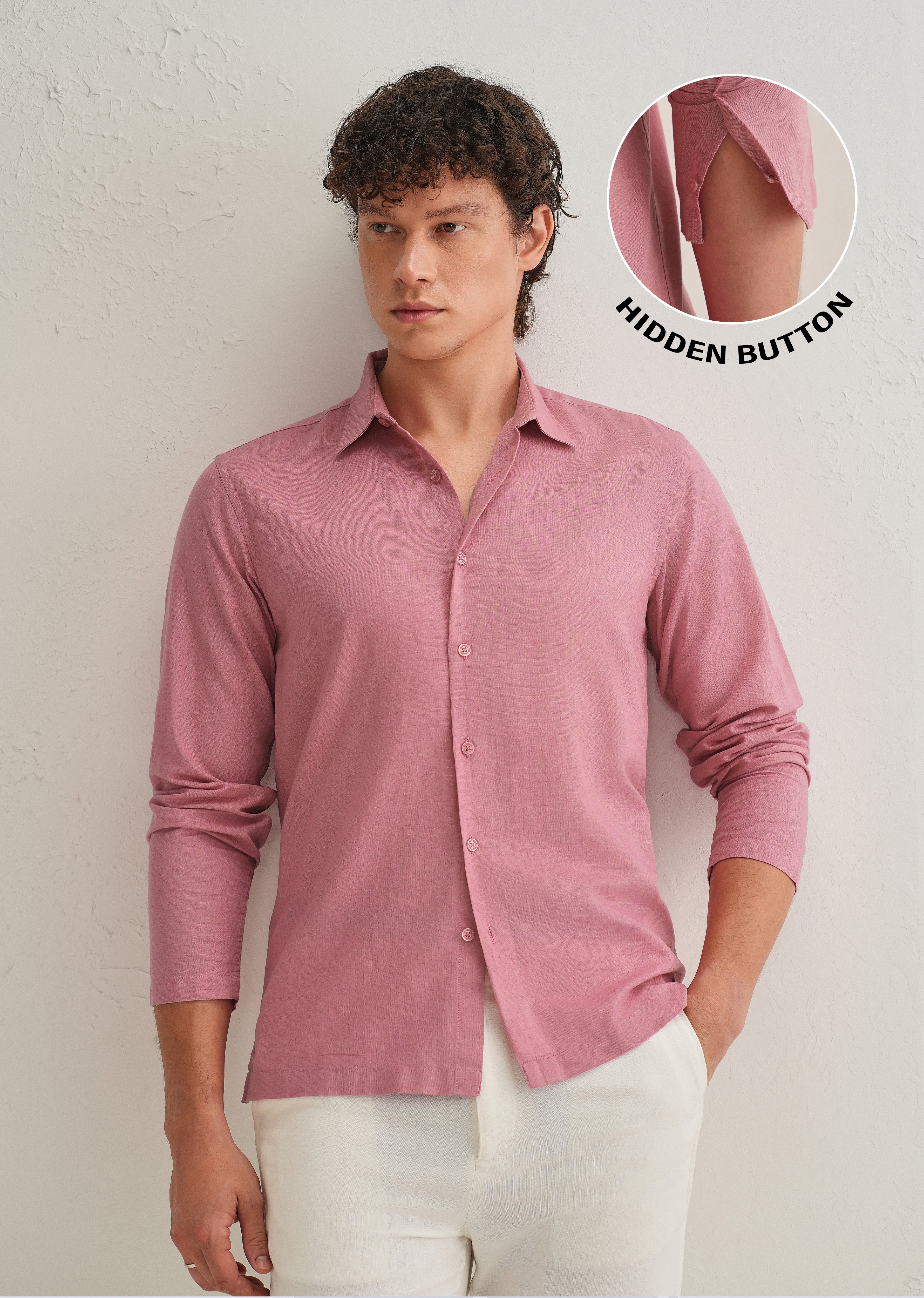 Pink Hidden Sleeve Placket Cotton Linen Shirt - Image 8