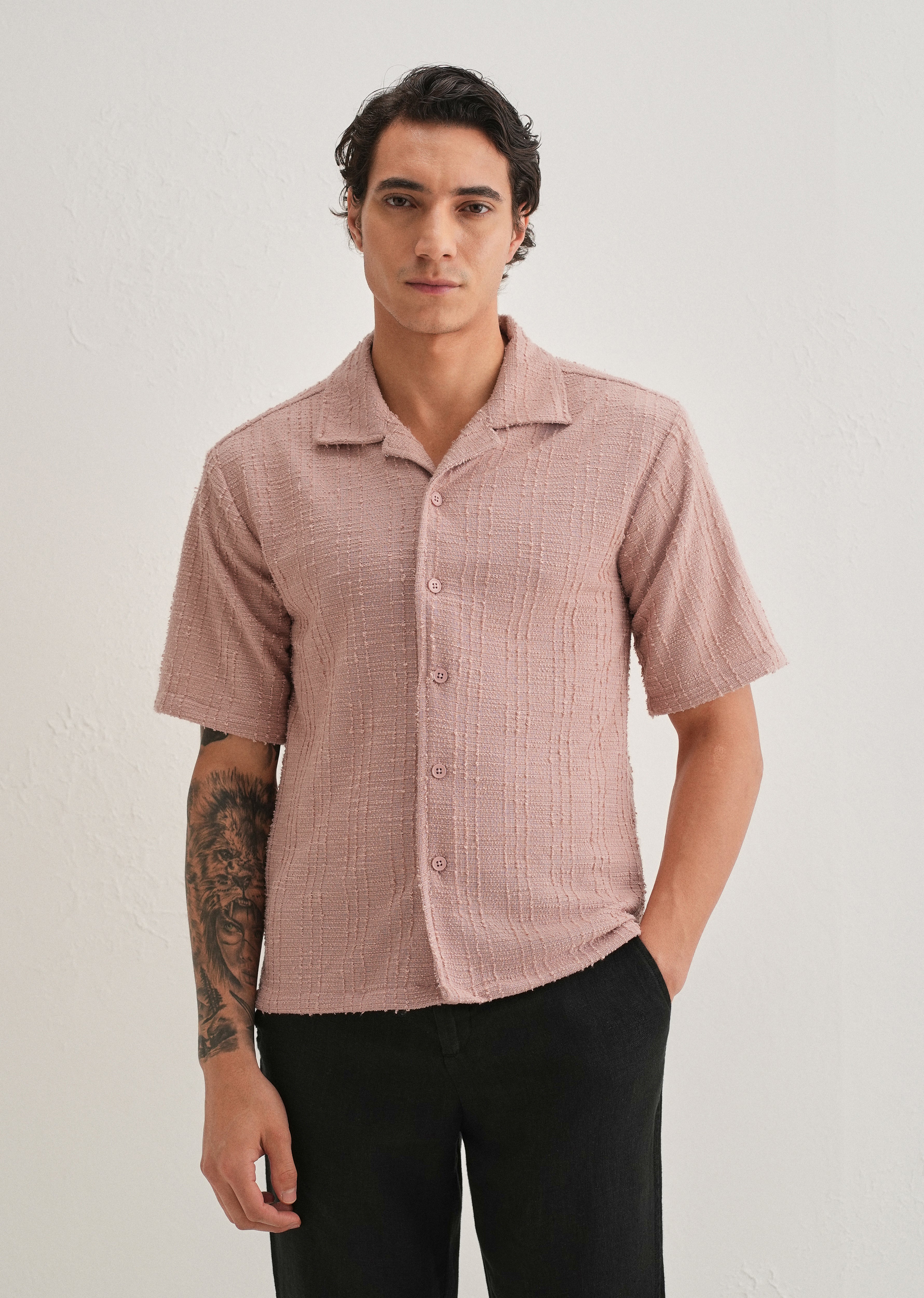 Pink Plain Cuban Collar Knitted Shirt - Image 4