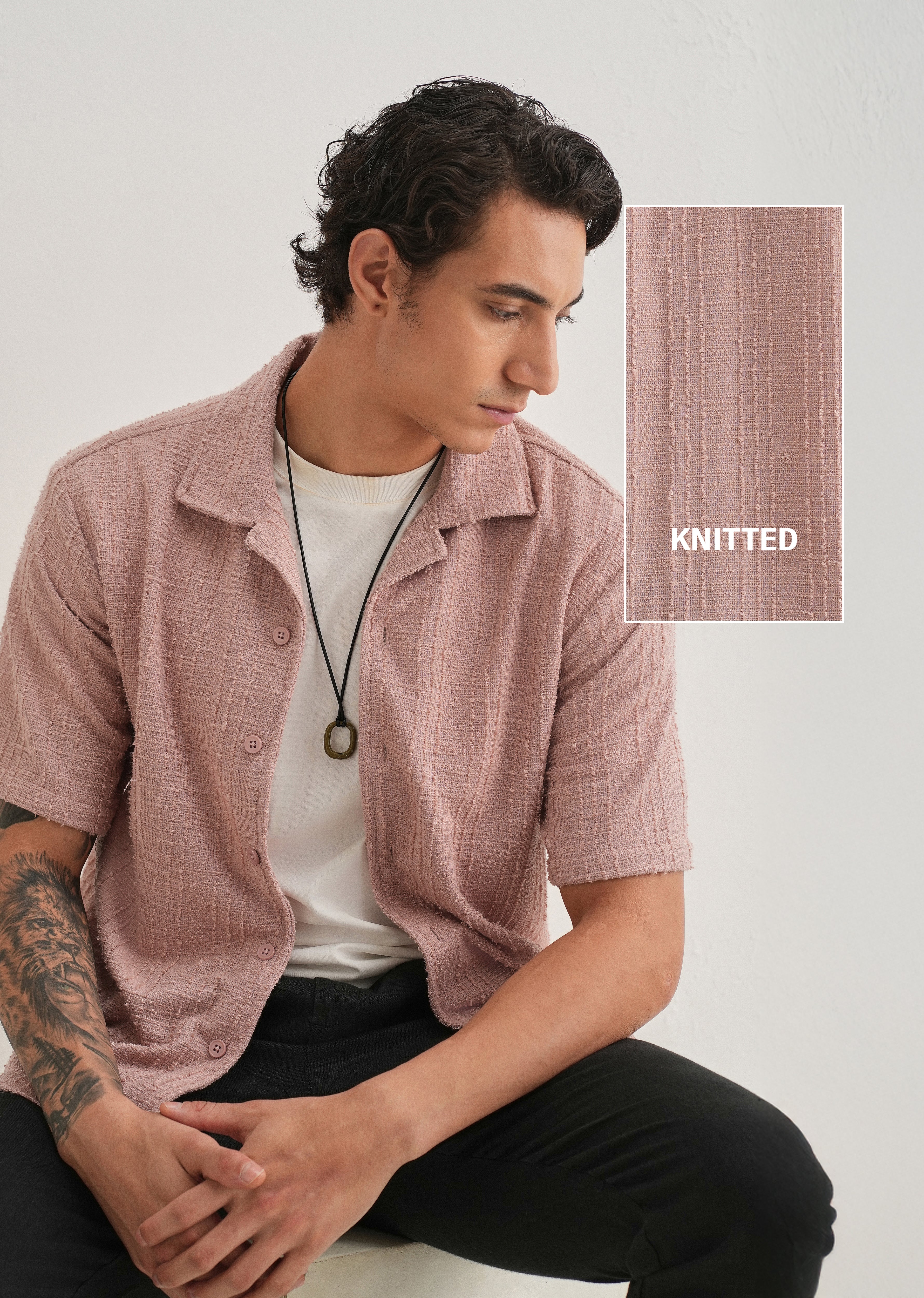 Pink Plain Cuban Collar Knitted Shirt - Image 7