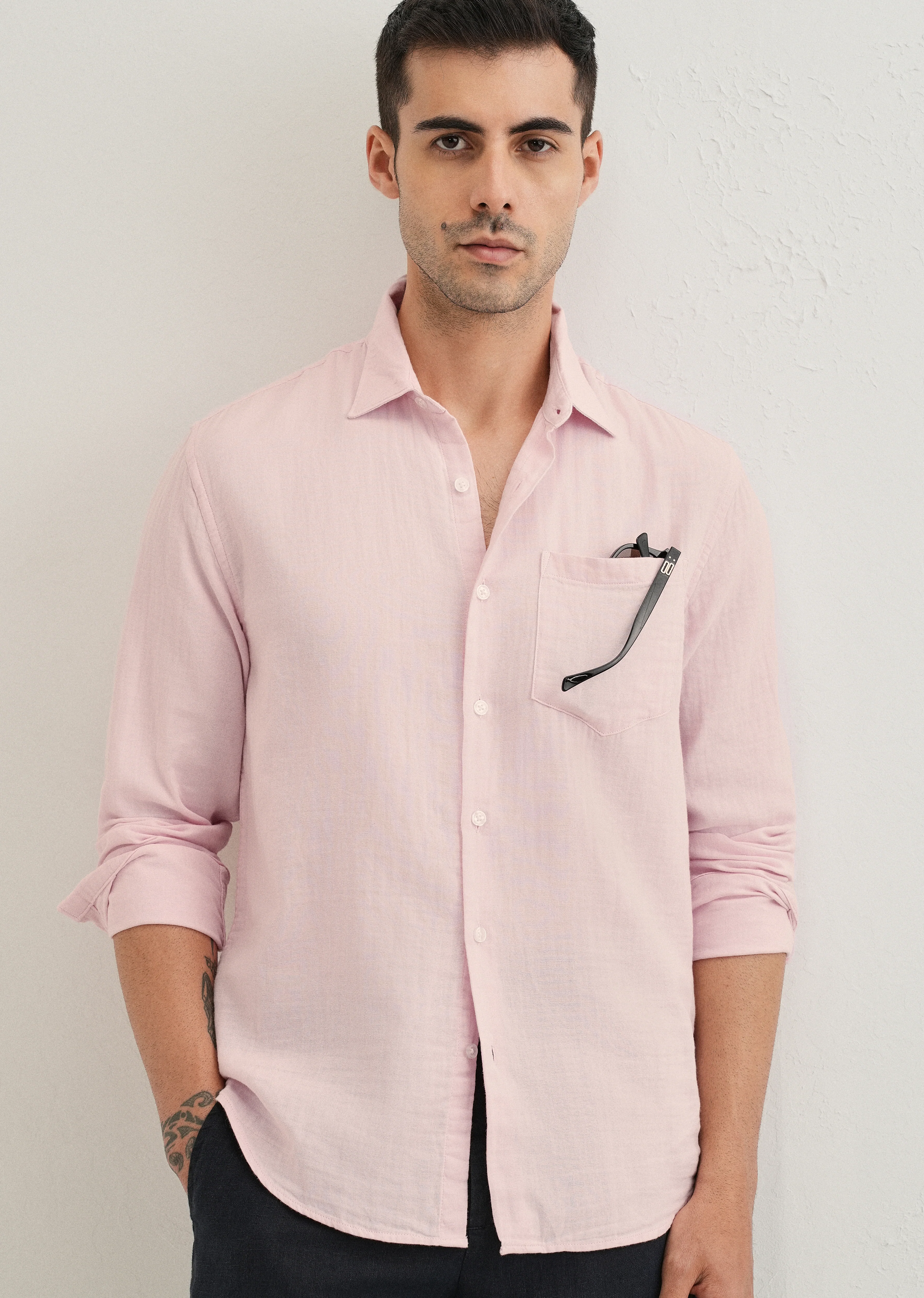 Pink Plain Double Cloth Cotton Shirt - Image 7