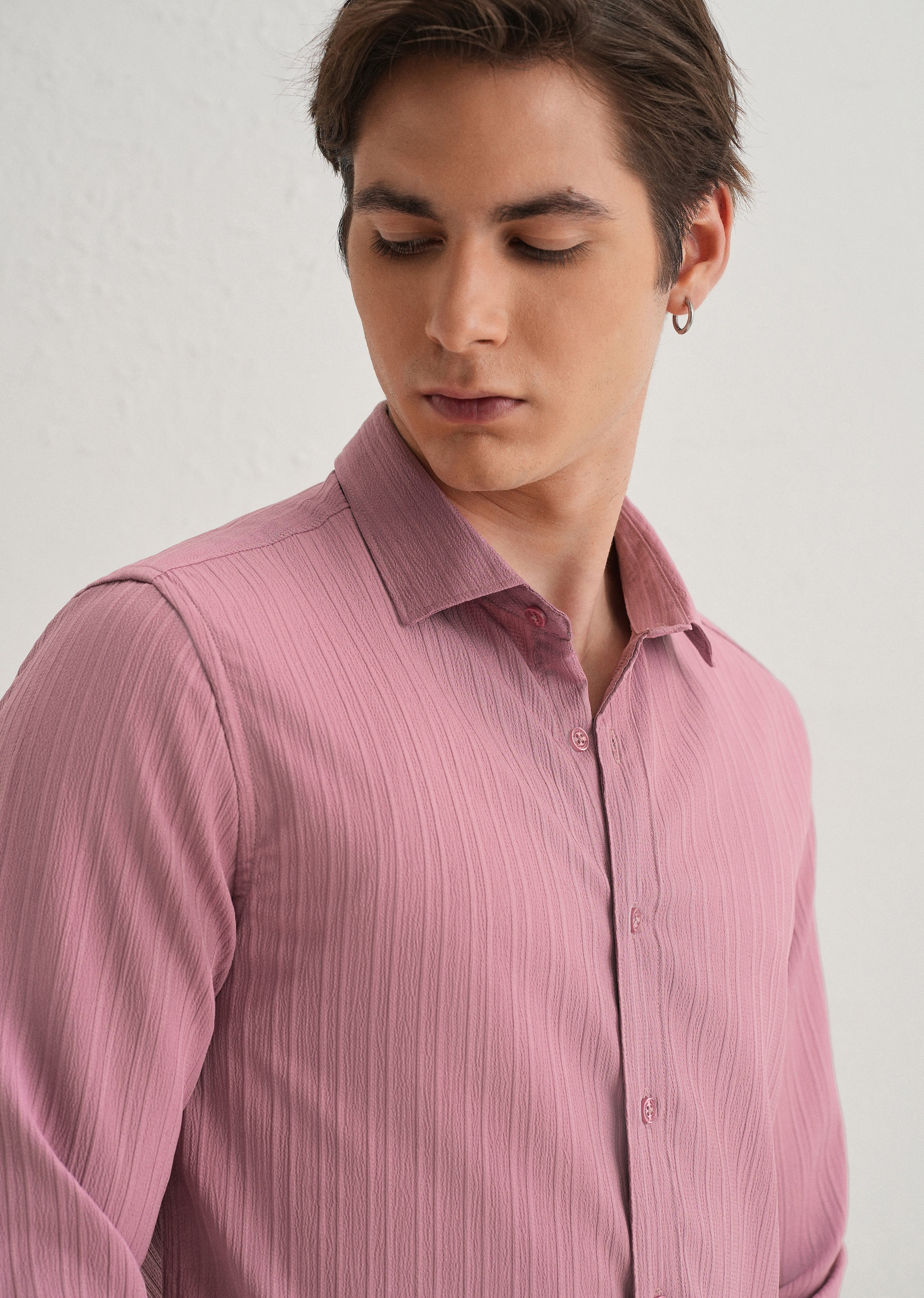 Pink Plain Self Striped Shirt - Image 5