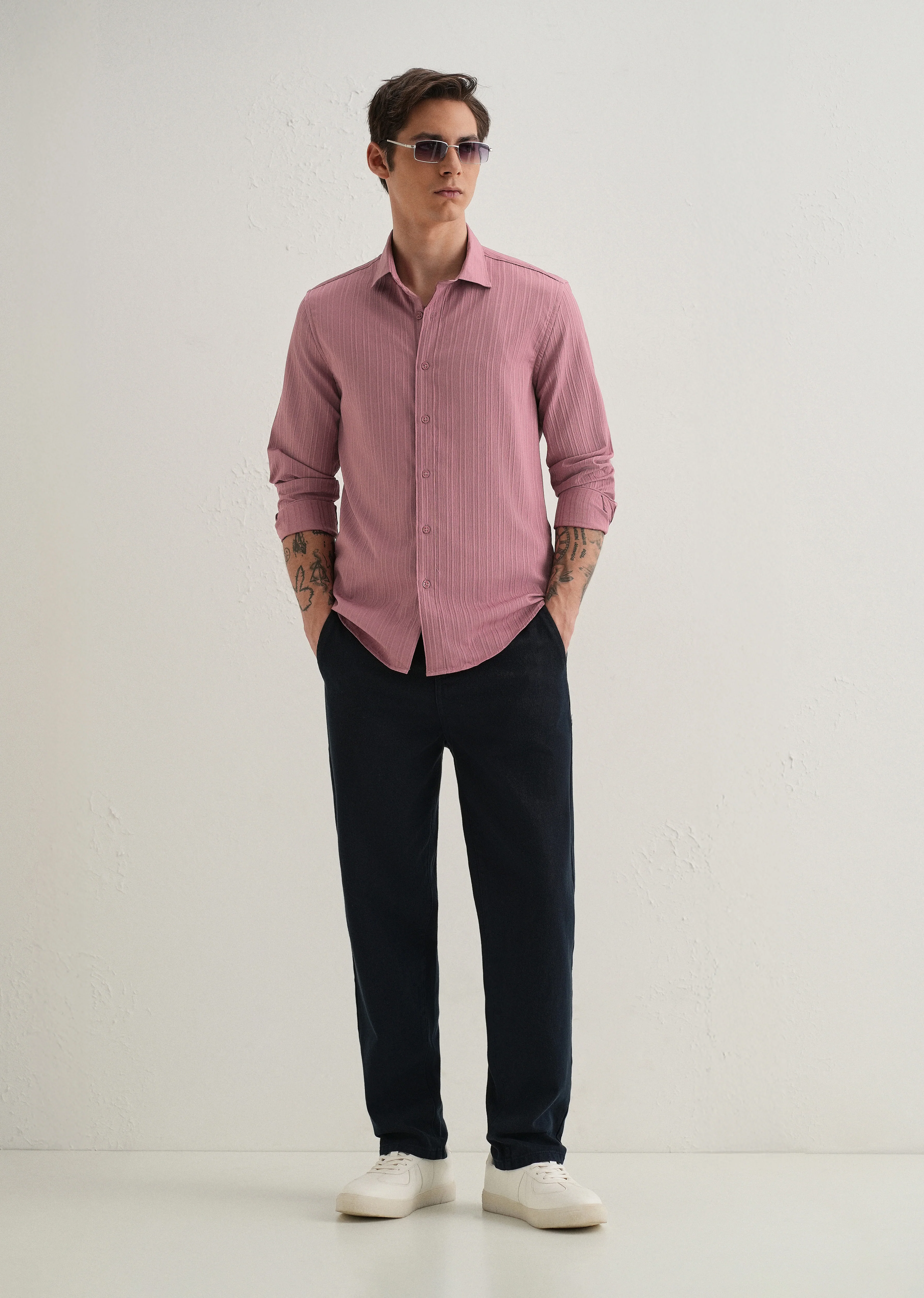 Pink Plain Self Striped Shirt - Image 6