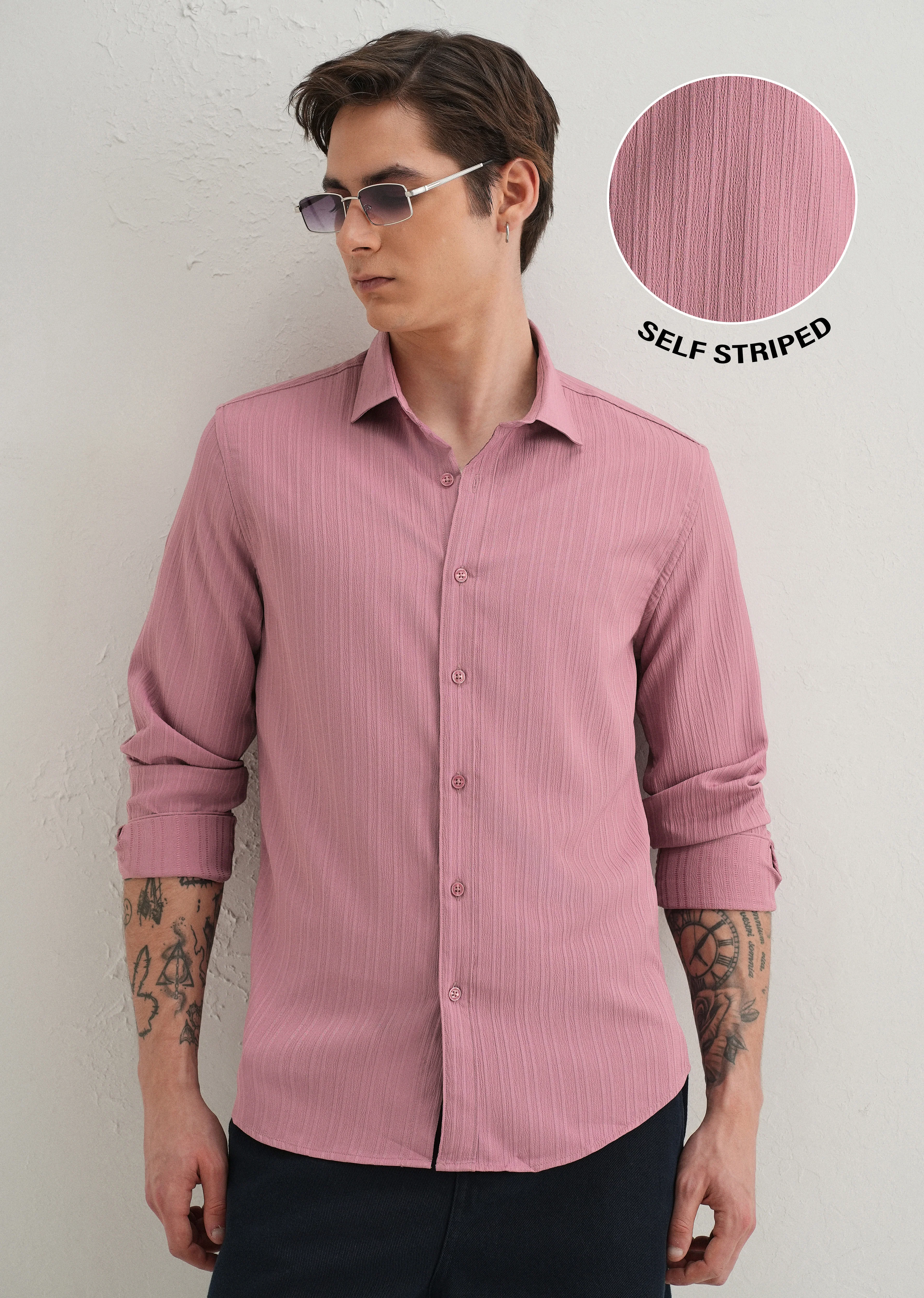 Pink Plain Self Striped Shirt - Image 7