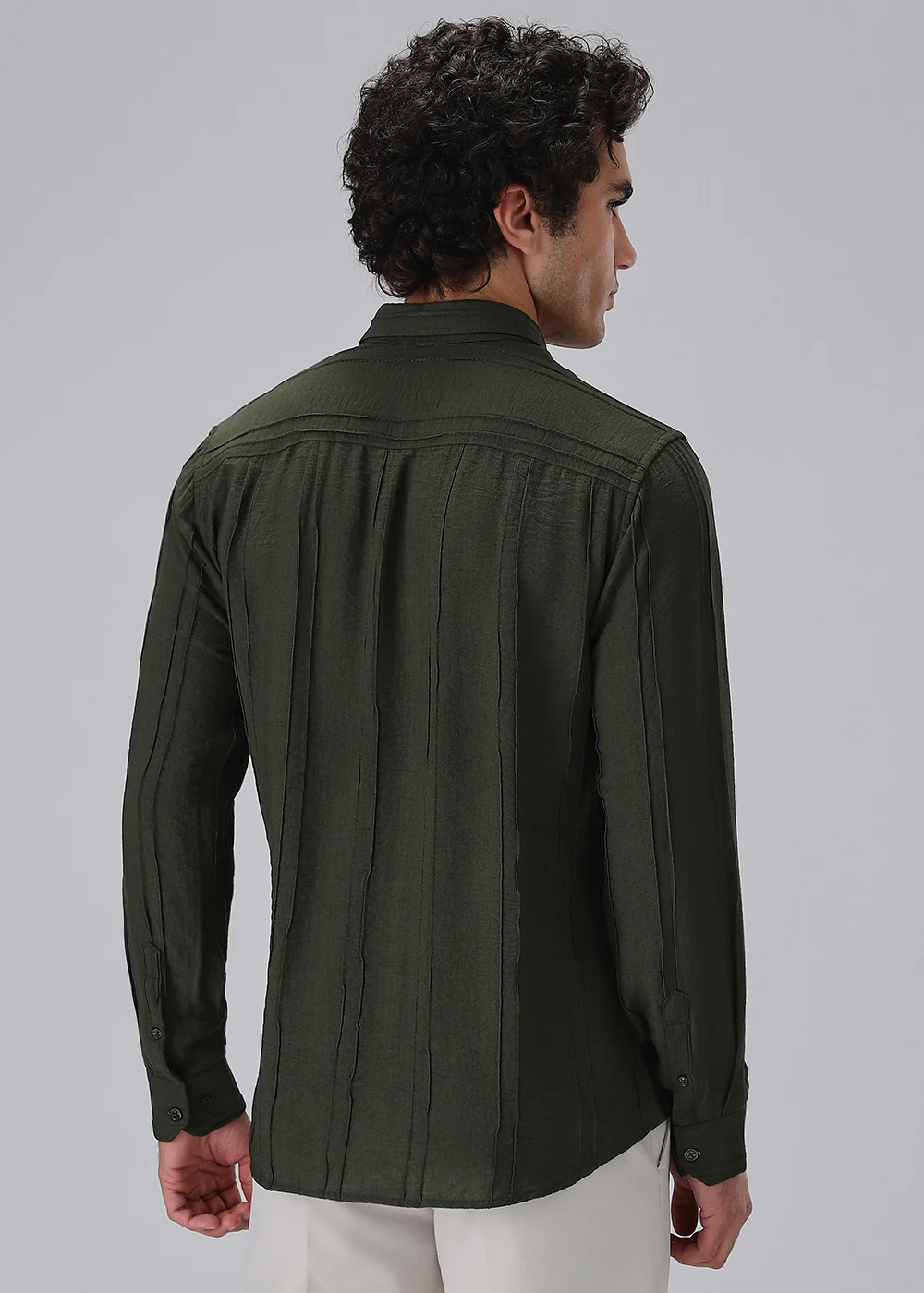Pintucked Green Plain Shirt - Image 4