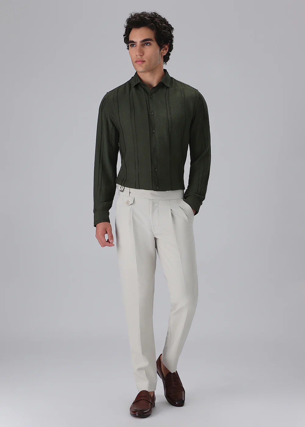 Pintucked Green Plain Shirt - Image 6