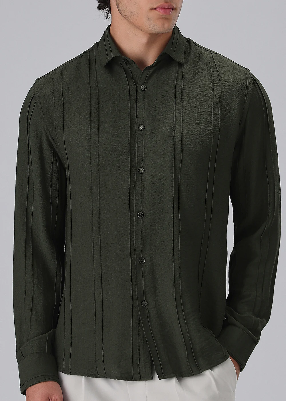 Pintucked Green Plain Shirt - Image 7