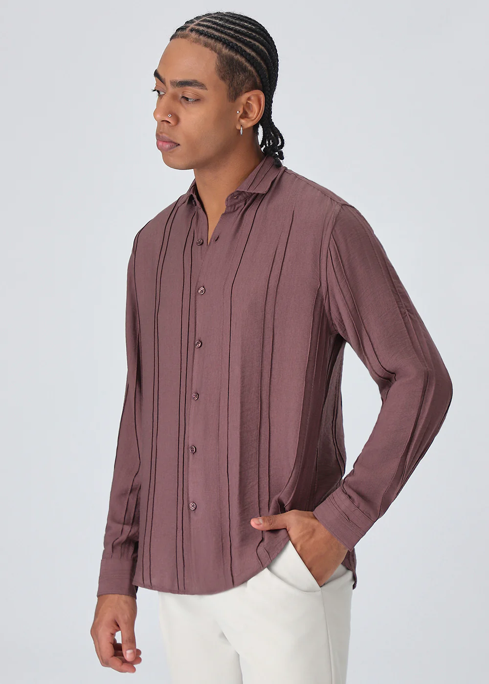Pintucked Mauve Pink Plain Shirt - Image 5