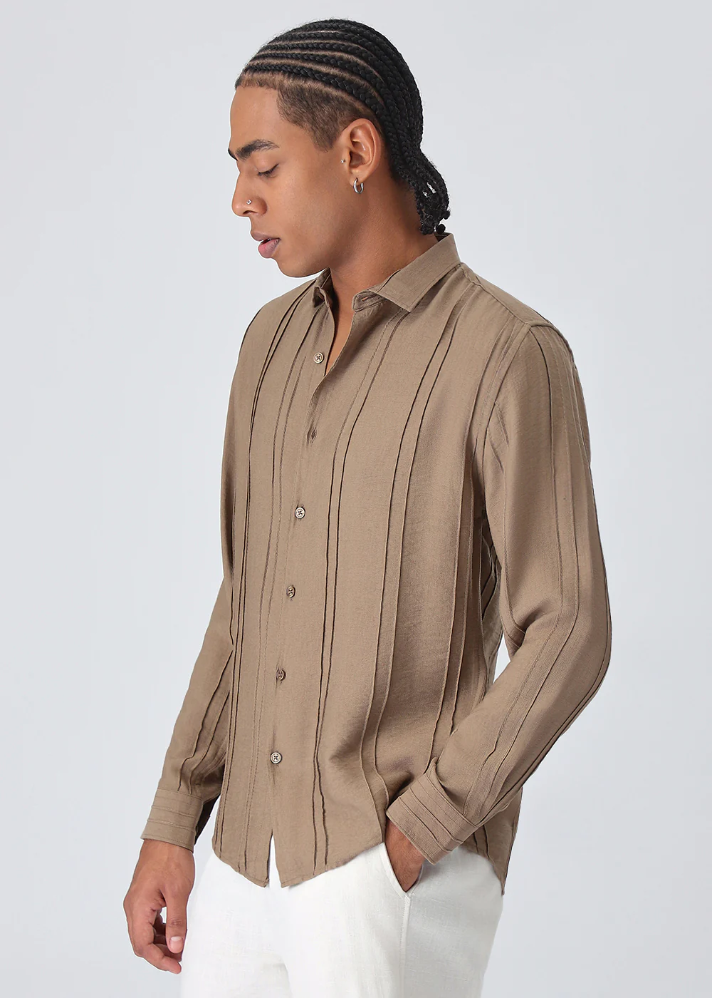 Pintucked Tan Brown Plain Shirt - Image 5