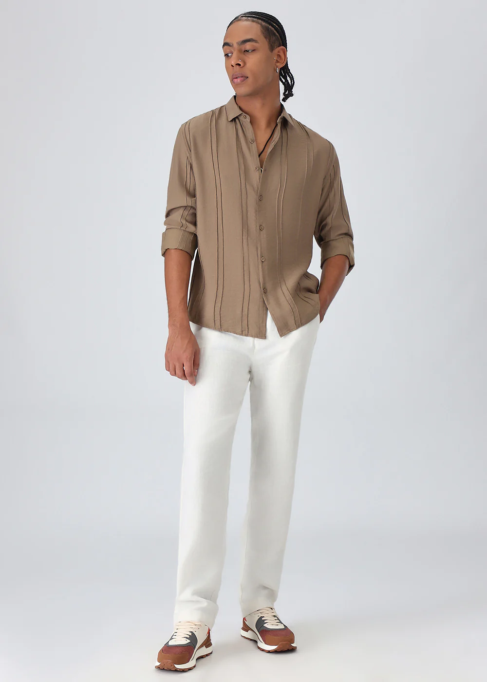 Pintucked Tan Brown Plain Shirt - Image 6