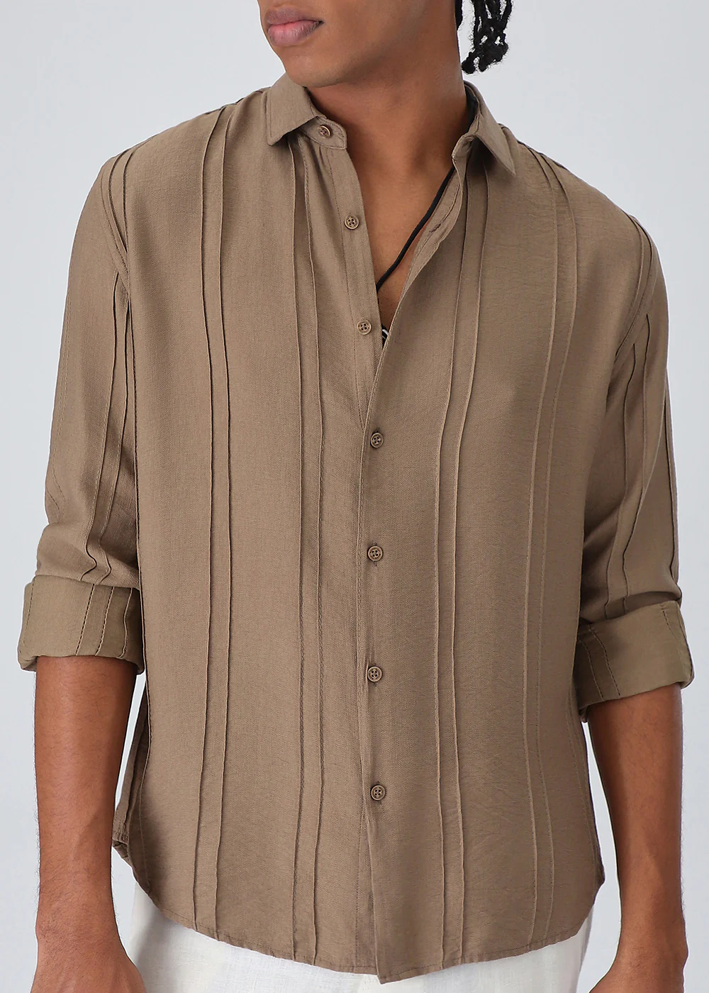 Pintucked Tan Brown Plain Shirt - Image 7