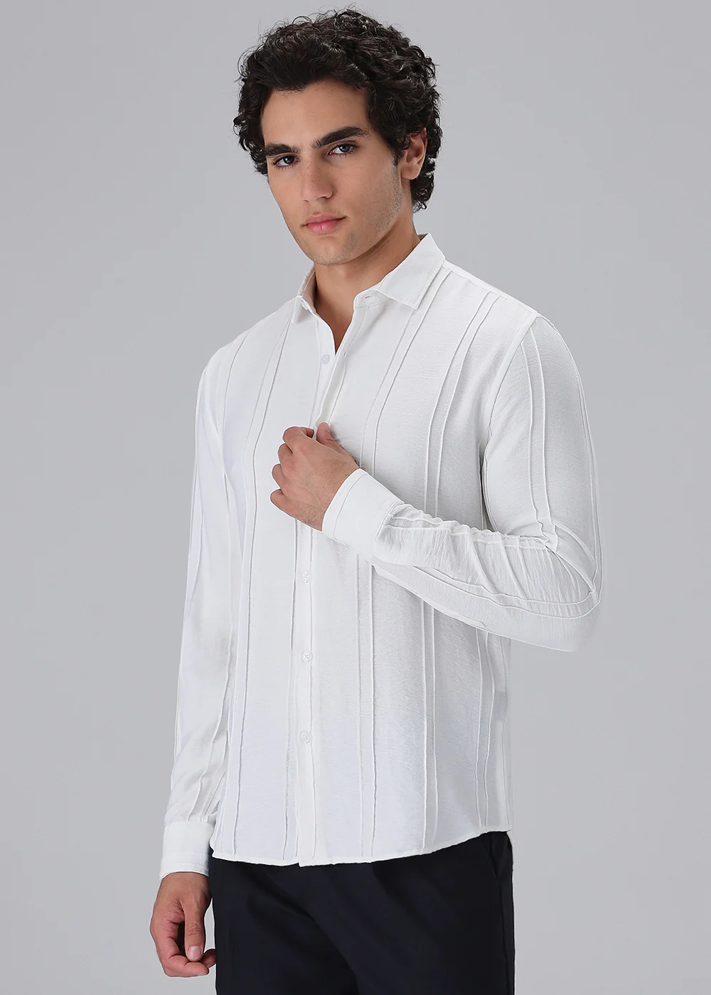 Pintucked White Plain Shirt - Image 5
