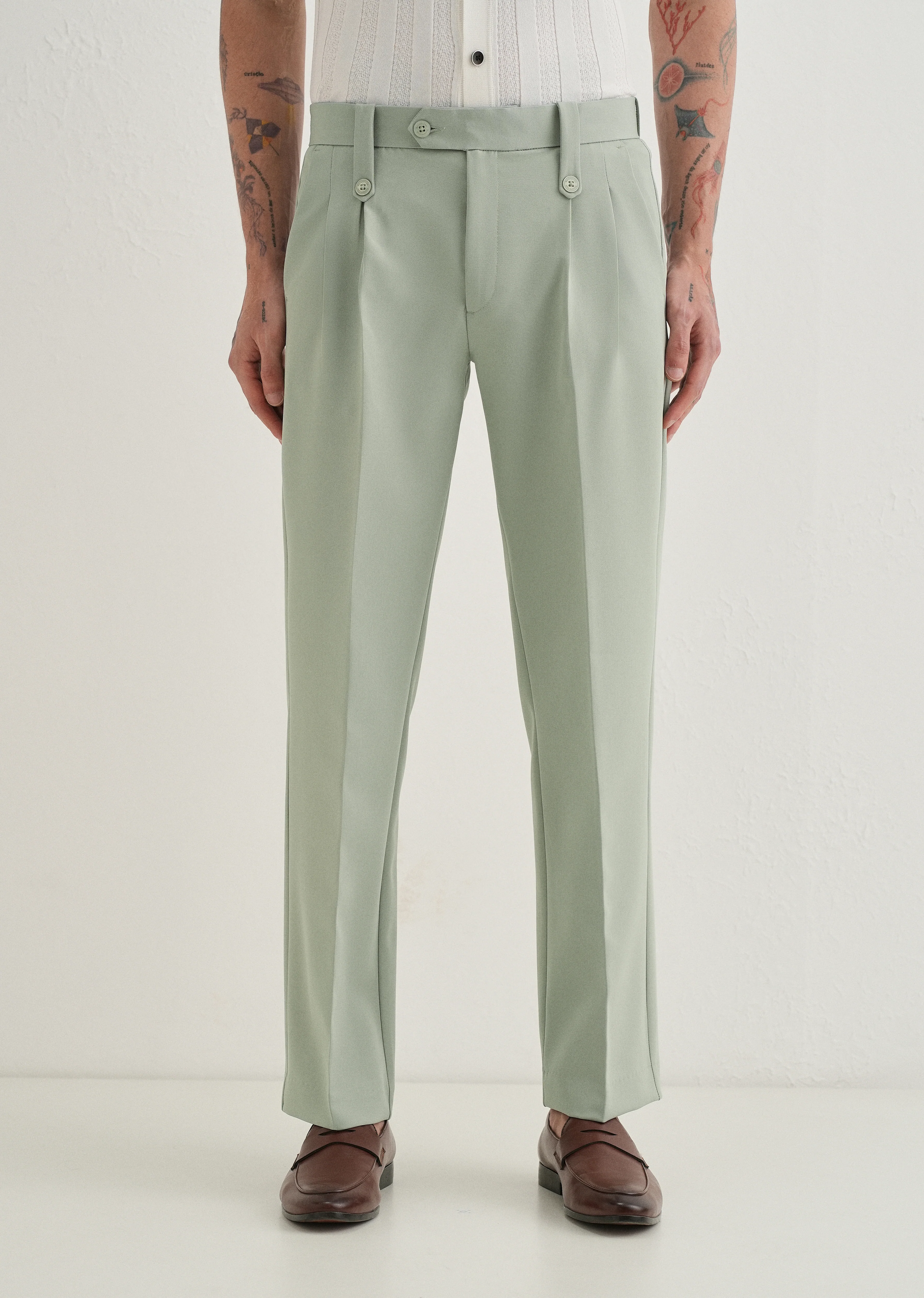 Pistachio Green Button-Tab Pleat Trouser - Image 3