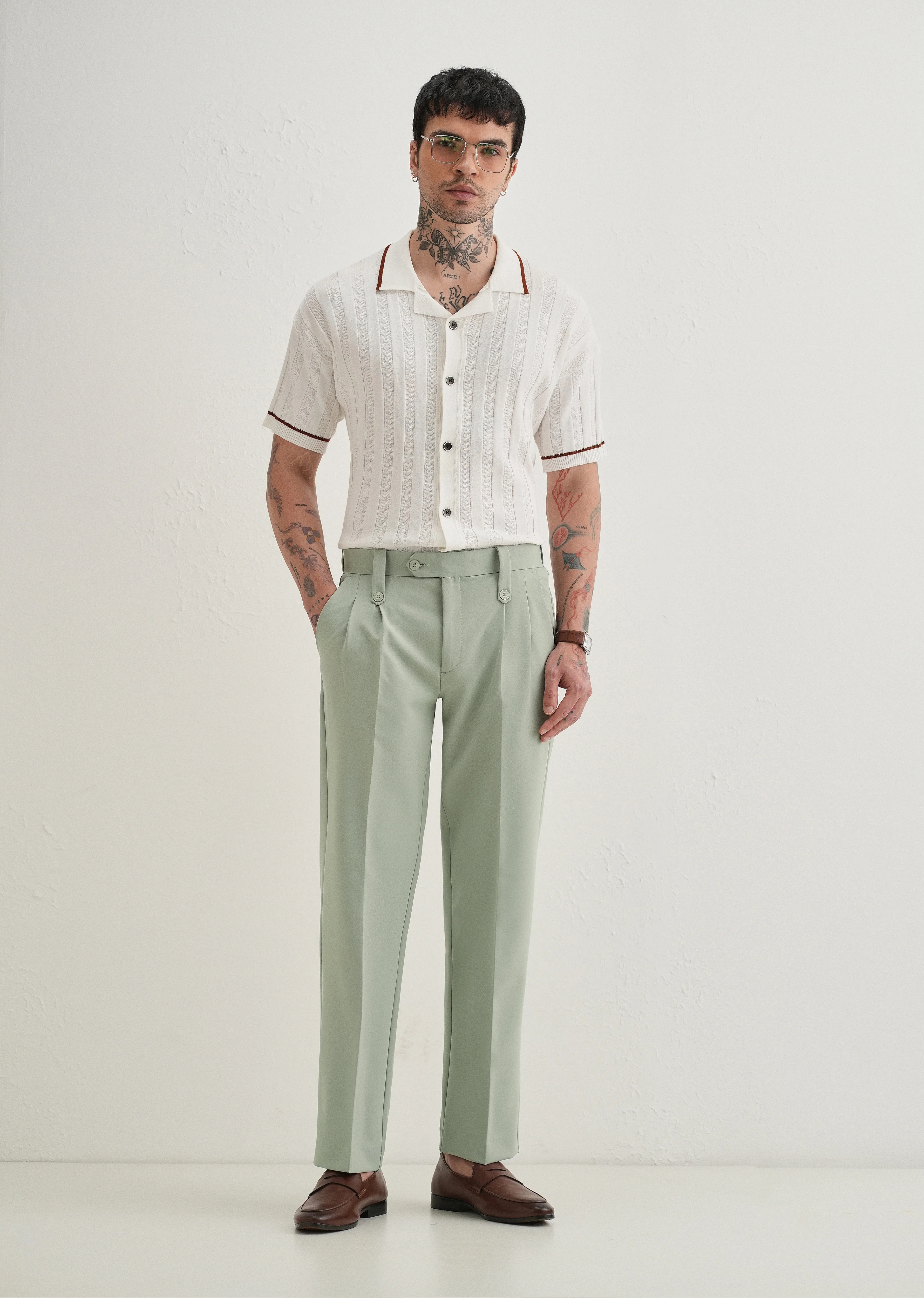 Pistachio Green Button-Tab Pleat Trouser - Image 6